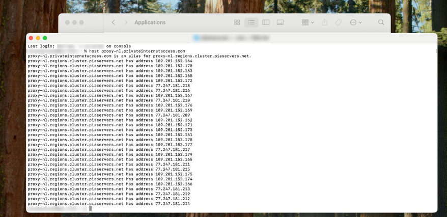 Terminal window displaying multiple IP addresses returned for the Private Internet Access proxy hostname.