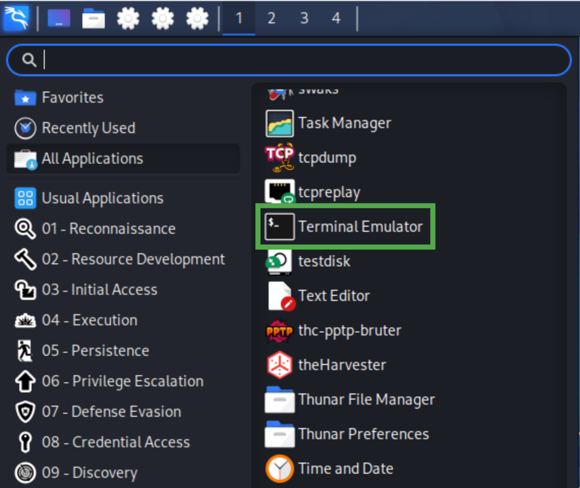 The Linux start menu with Terminal Emulator highlighted