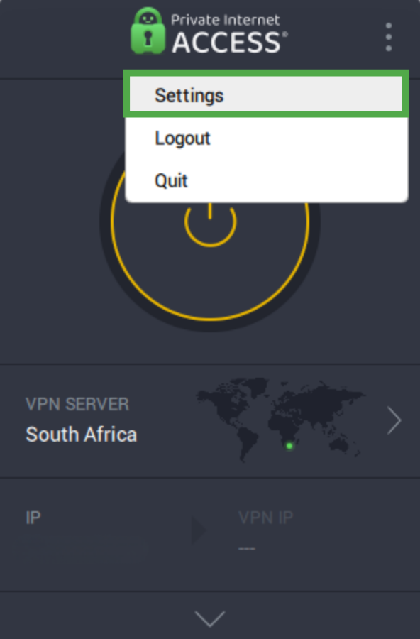 The Settings option highlighted on the PIA Windows app