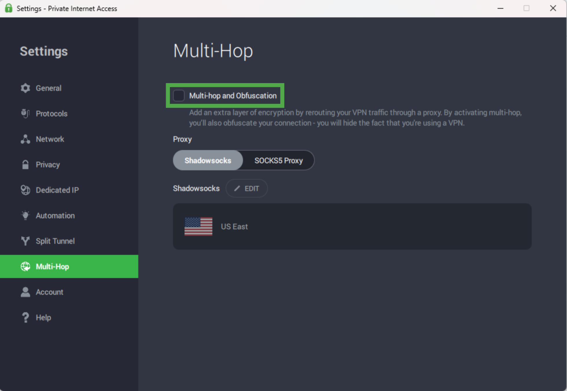 The PIA Multi-Hop window showing the "Multi-Hop and Obfuscation" checkbox