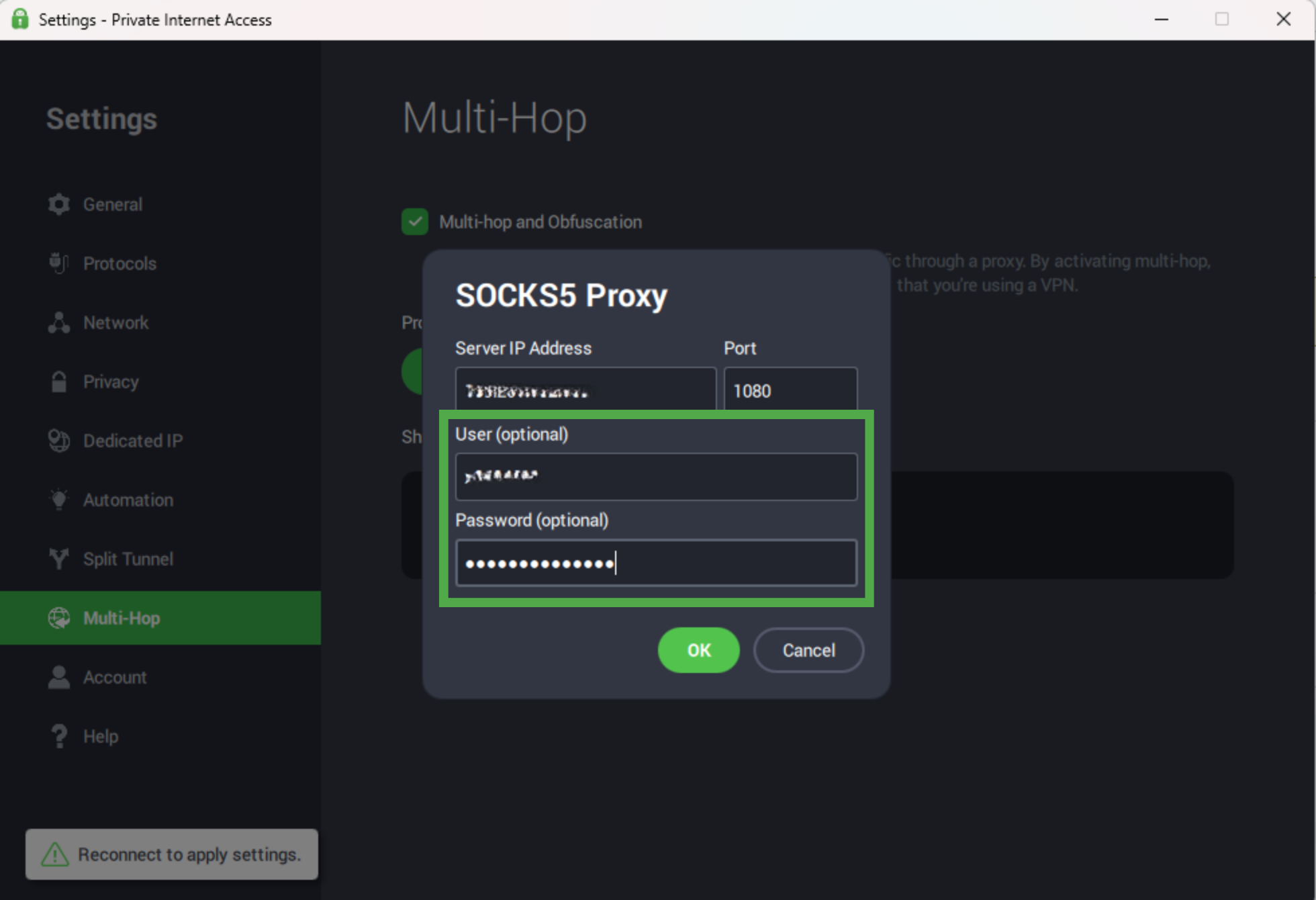 The PIA SOCKS5 Proxy setup box with the username and password fields highlighted