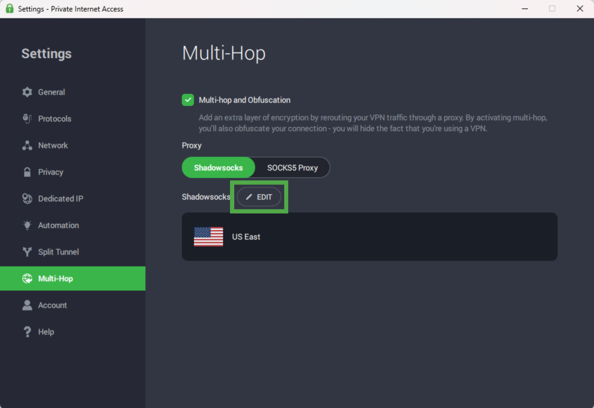 The PIA Multi-Hop window with the "Edit shadowsocks" button highlighted