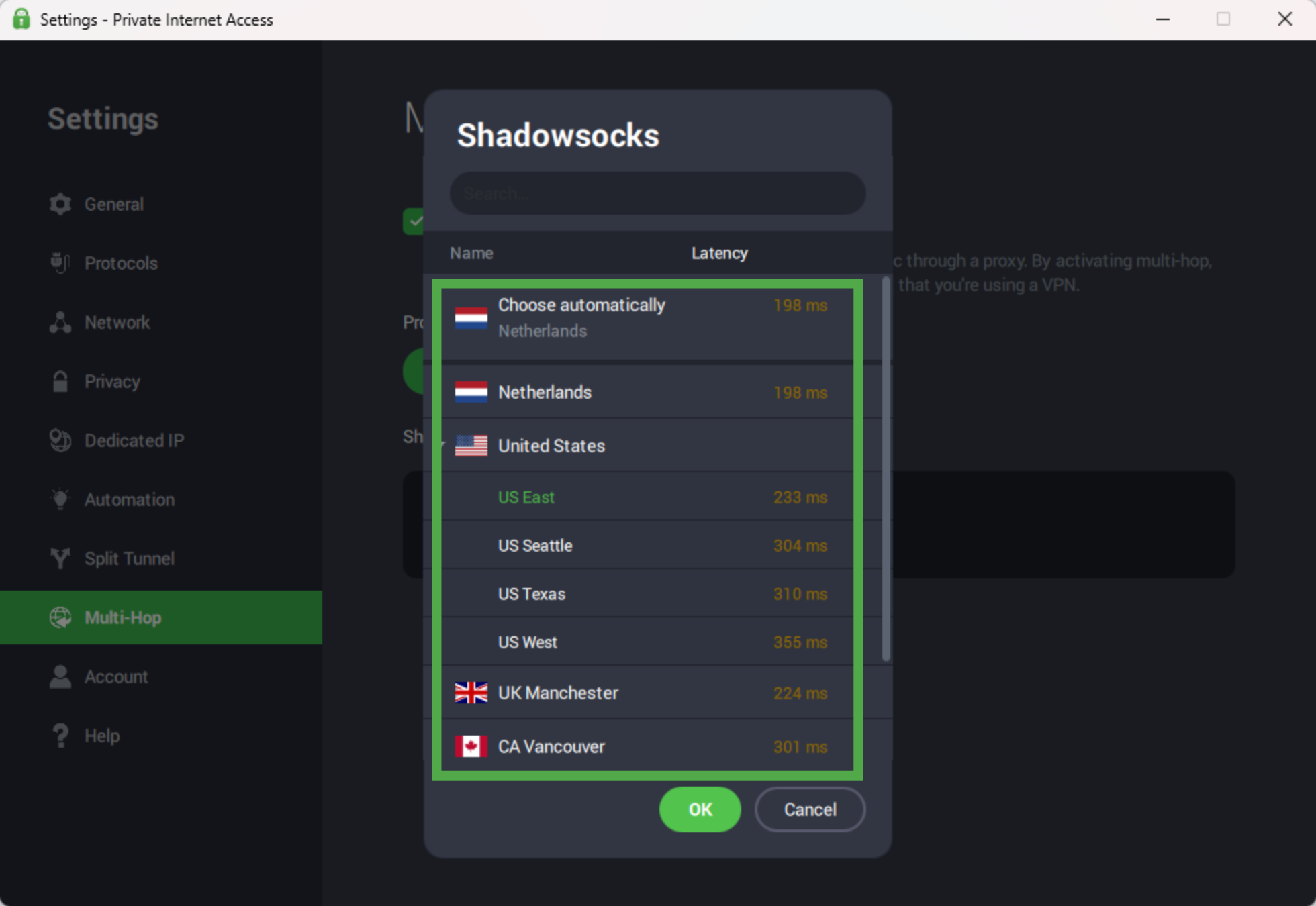 Some PIA servers that support Shadowsocks