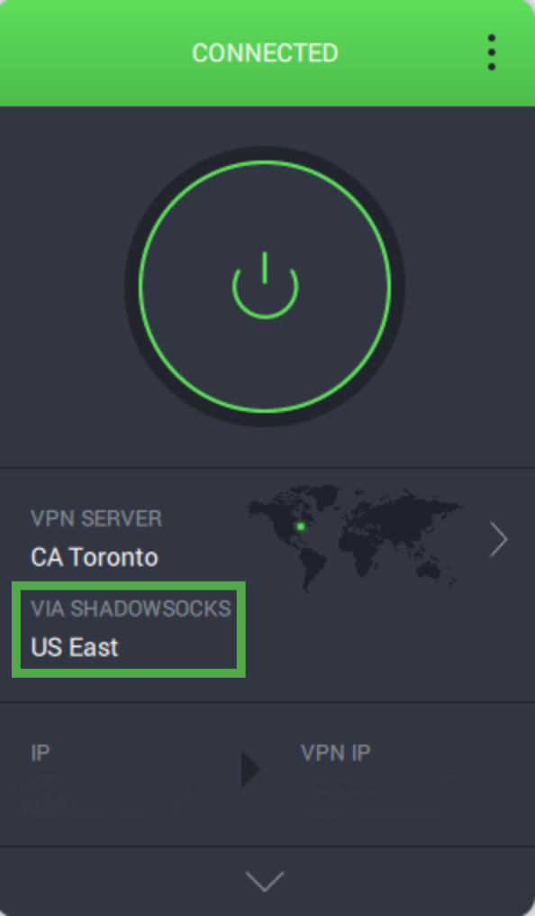 The PIA Windows app connected via Shadowsocks