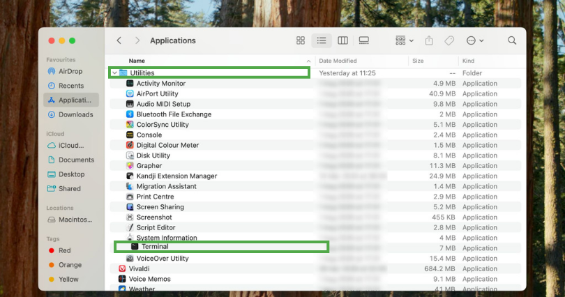macOS Applications folder with the Utilities folder and Terminal app highlighted.