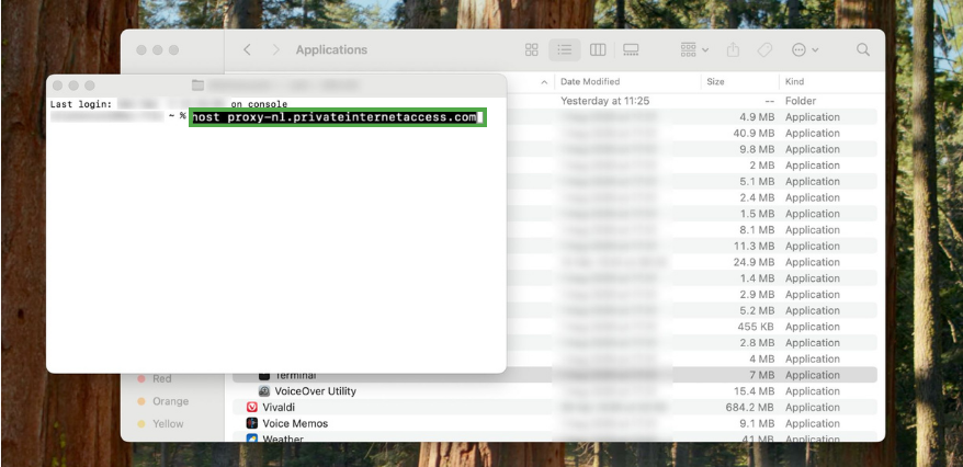 Terminal window on macOS showing the command host proxy-nl.privateinternetaccess.com entered.