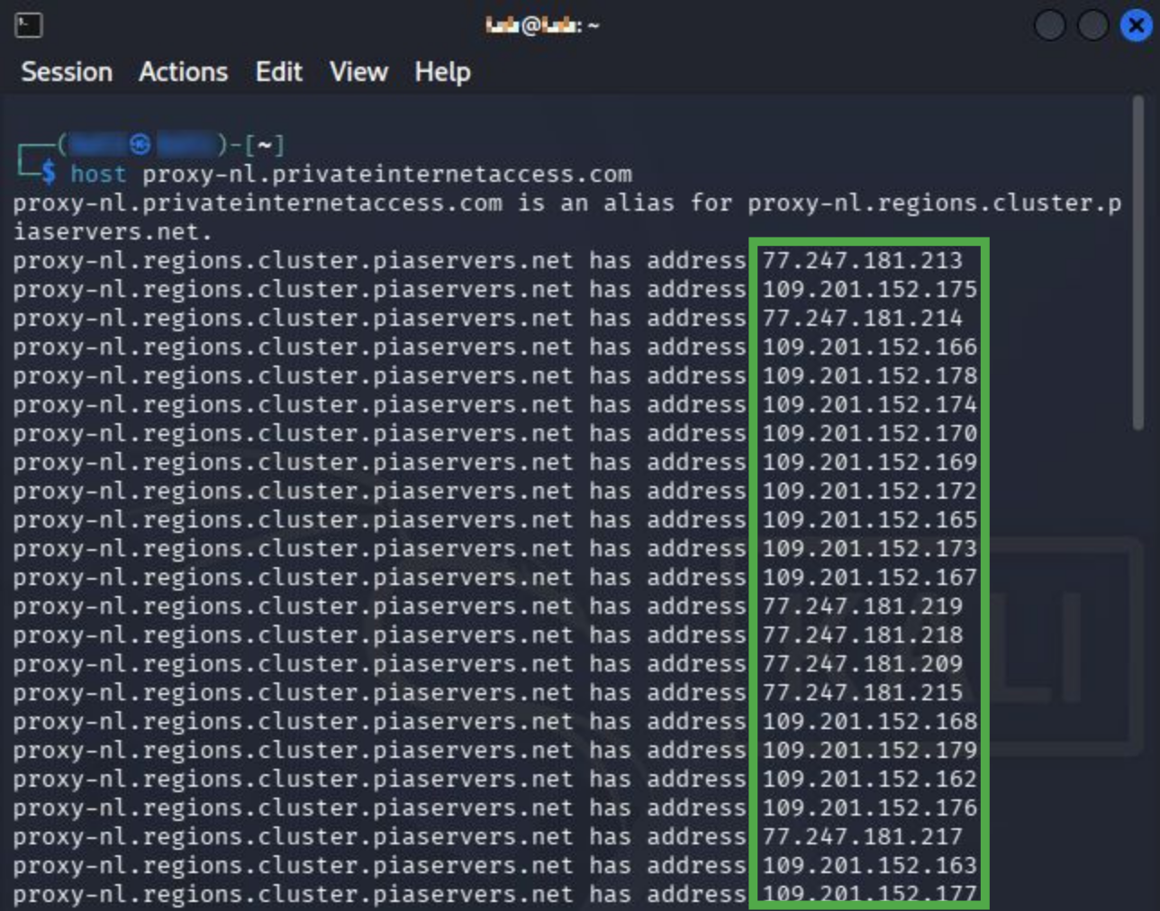 A Linux terminal showing some available PIA proxy server IP addresses