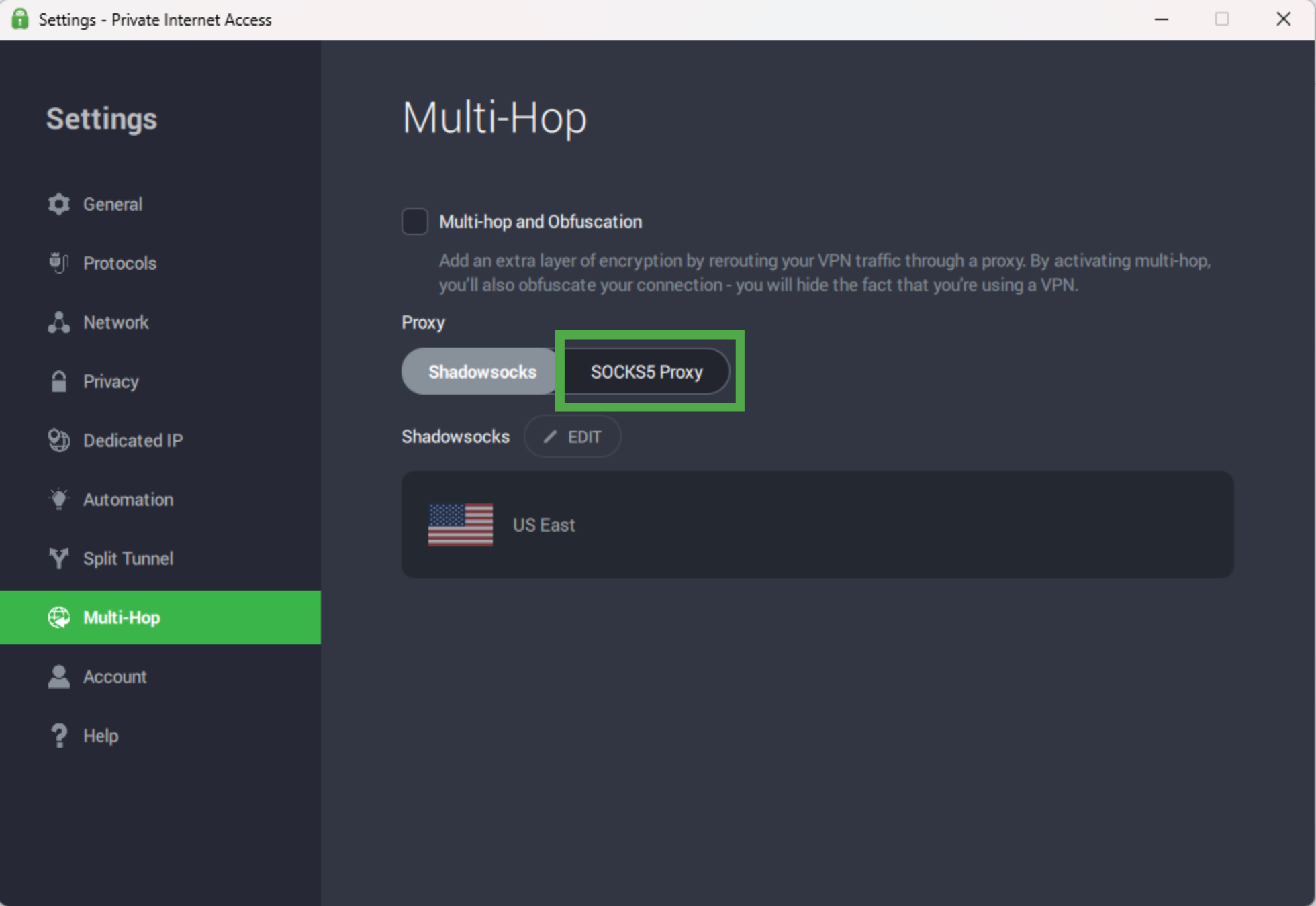 The PIA Multi-Hop window with the SOCKS5 Proxy option highlighted