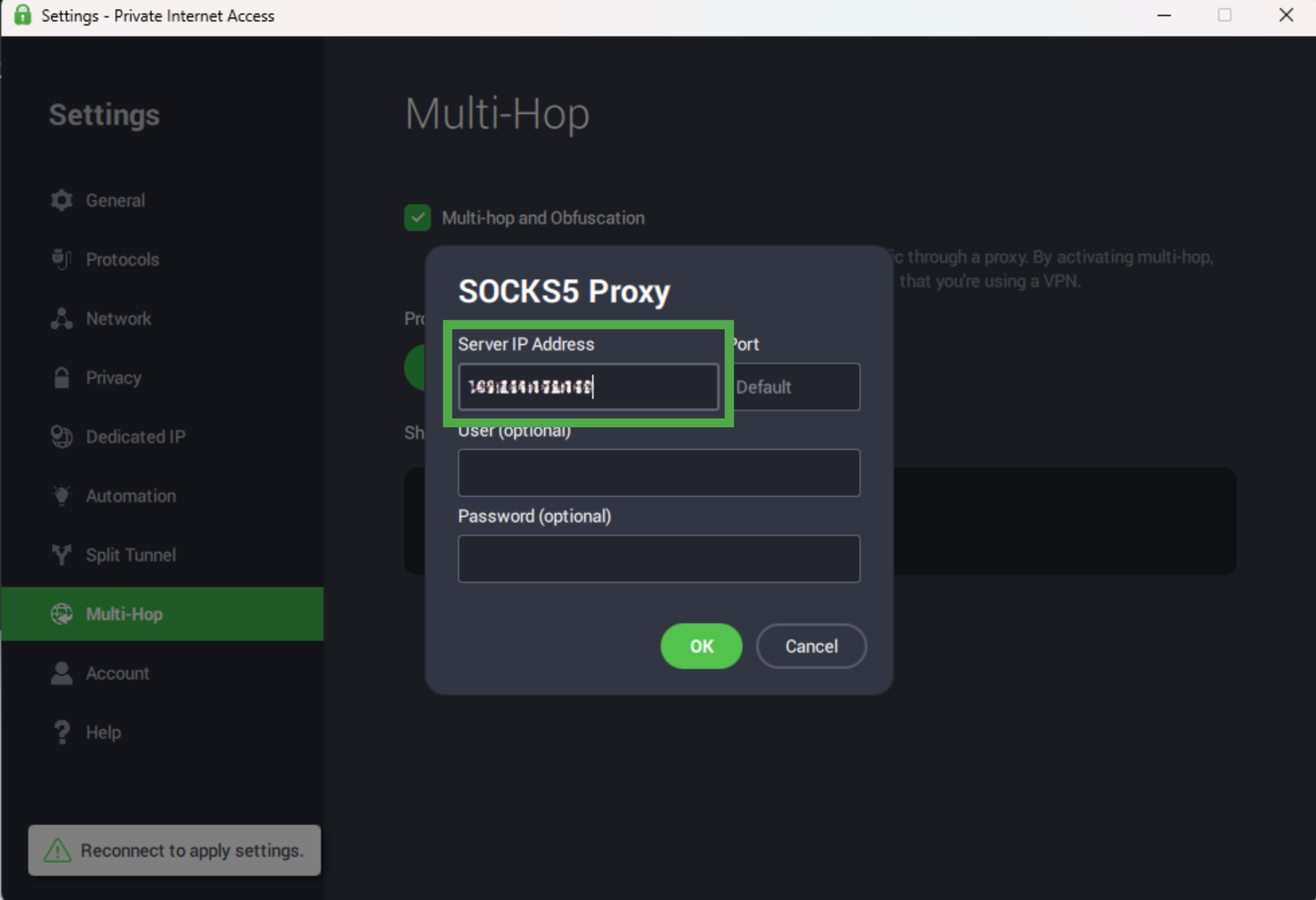 The PIA SOCKS5 Proxy setup box with the server IP address highlighted