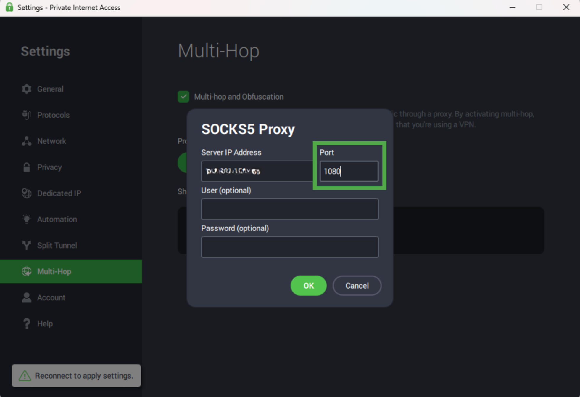 The PIA SOCKS5 Proxy setup box with the port highlighted