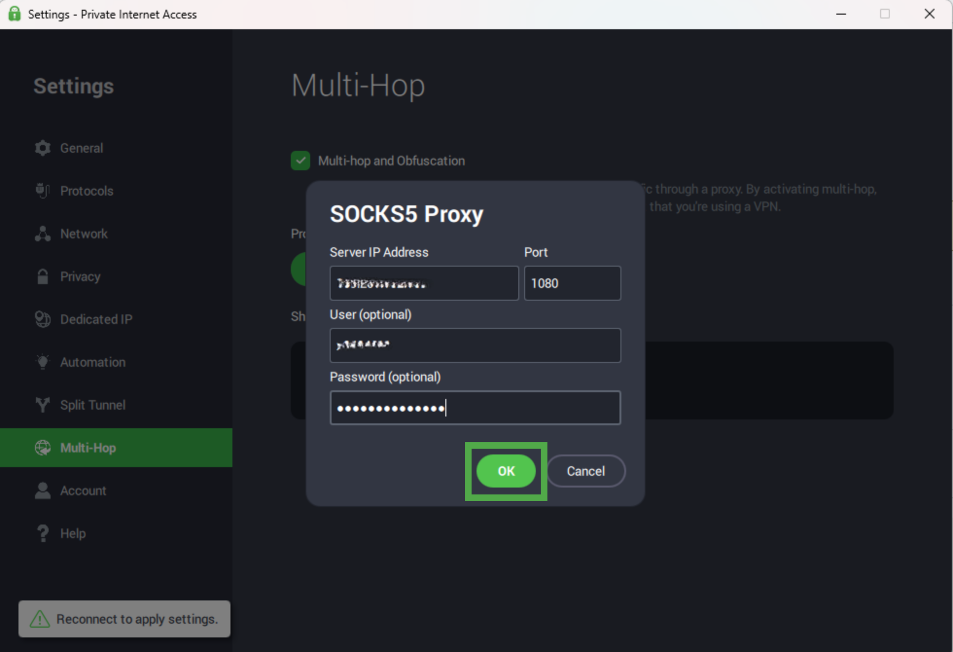 The PIA SOCKS5 Proxy setup box with the OK button highlighted