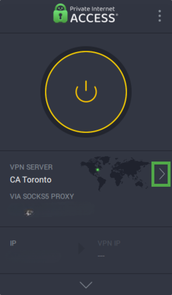 The server list button highlighted on the PIA Windows app