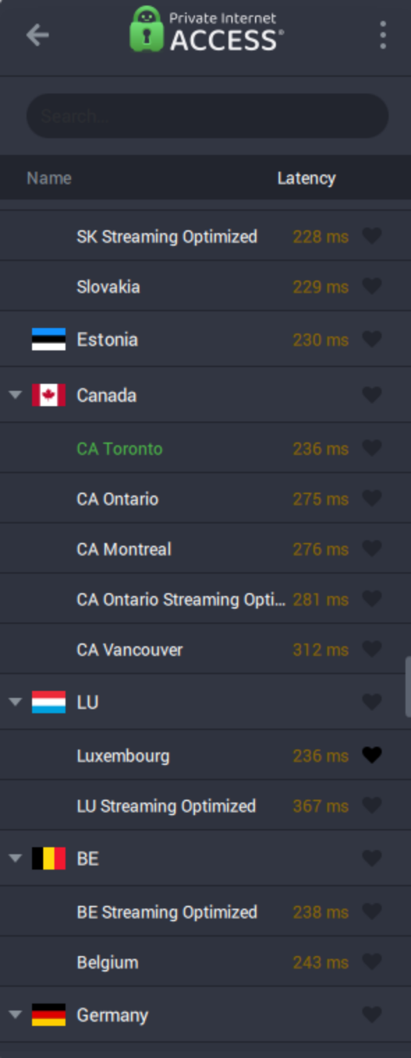 A section of PIA's server list