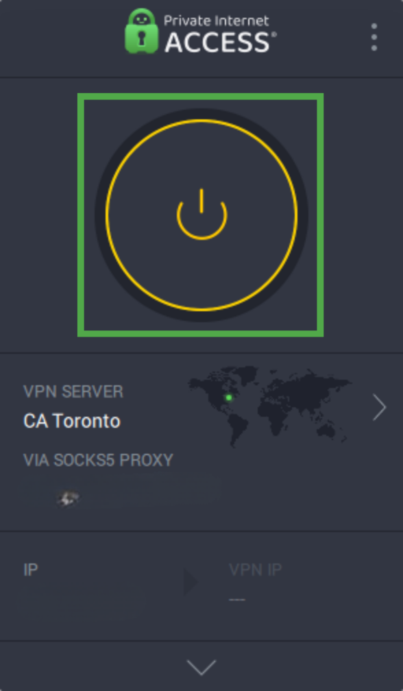 The connect button highlighted on PIA's Windows app