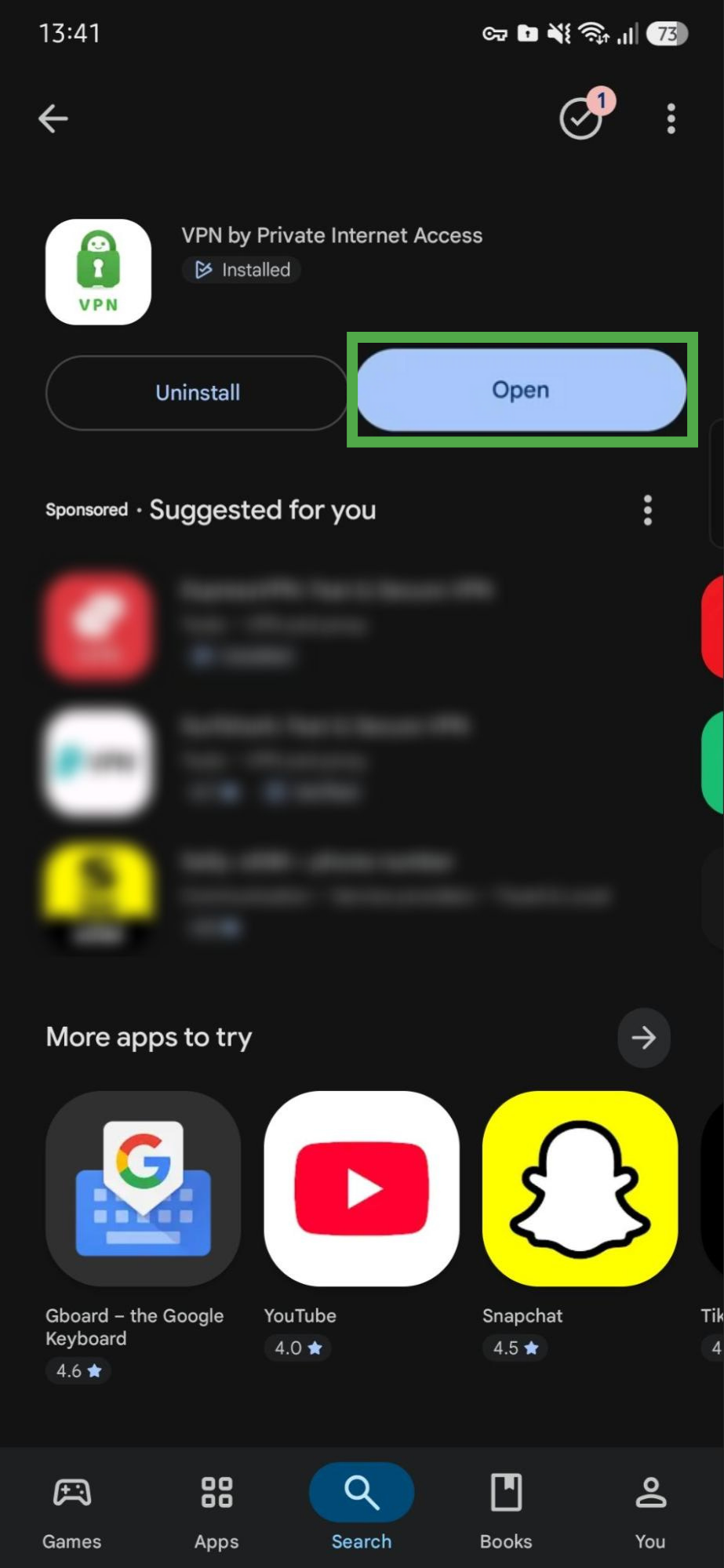 The PIA VPN app in the Google Play store, with a highlighted "Open" button.