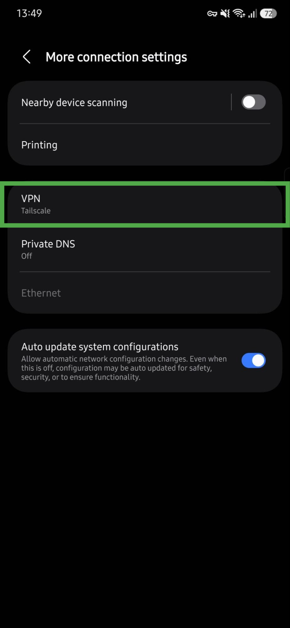 Android connection settings showing the "VPN" option highlighted.