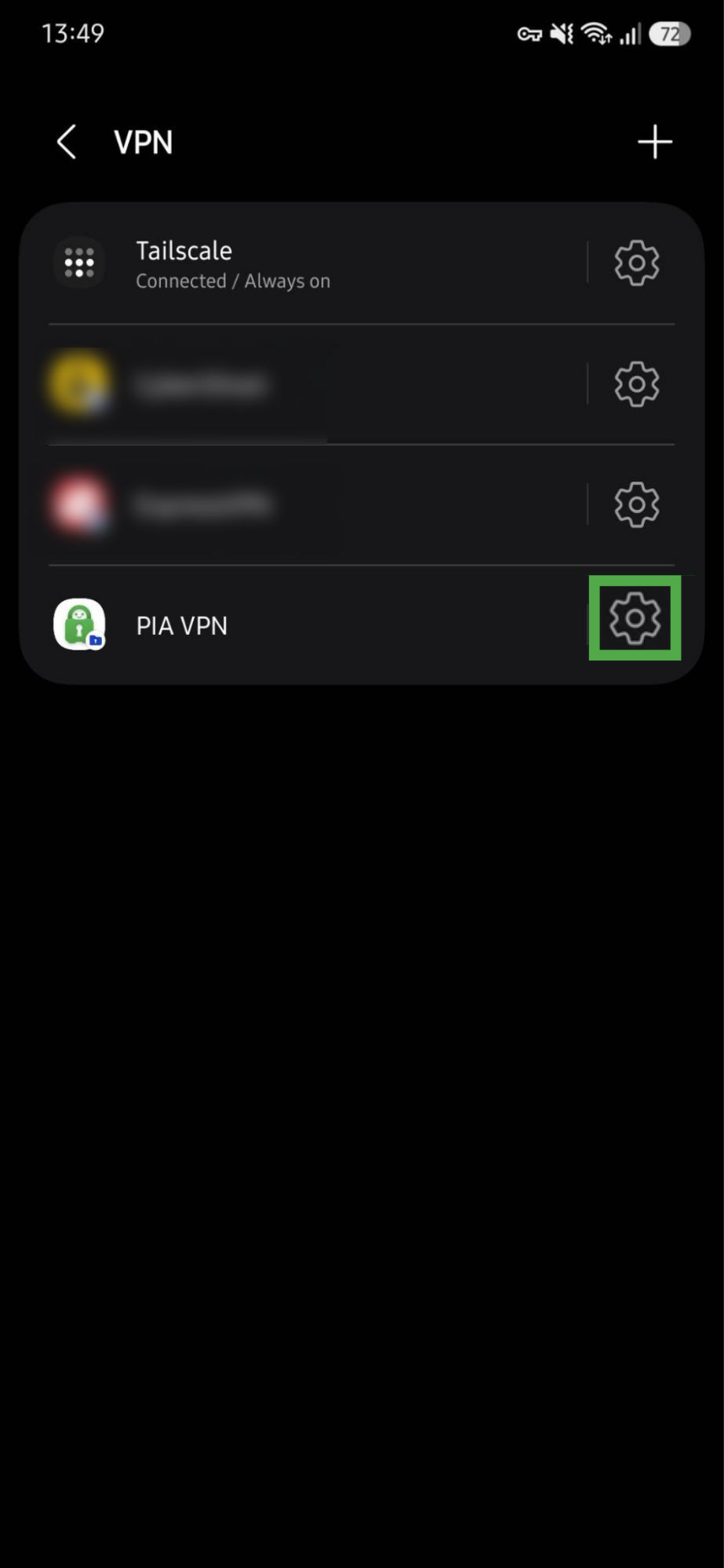 Android VPN settings showing the Gear icon for the PIA VPN highlighted.