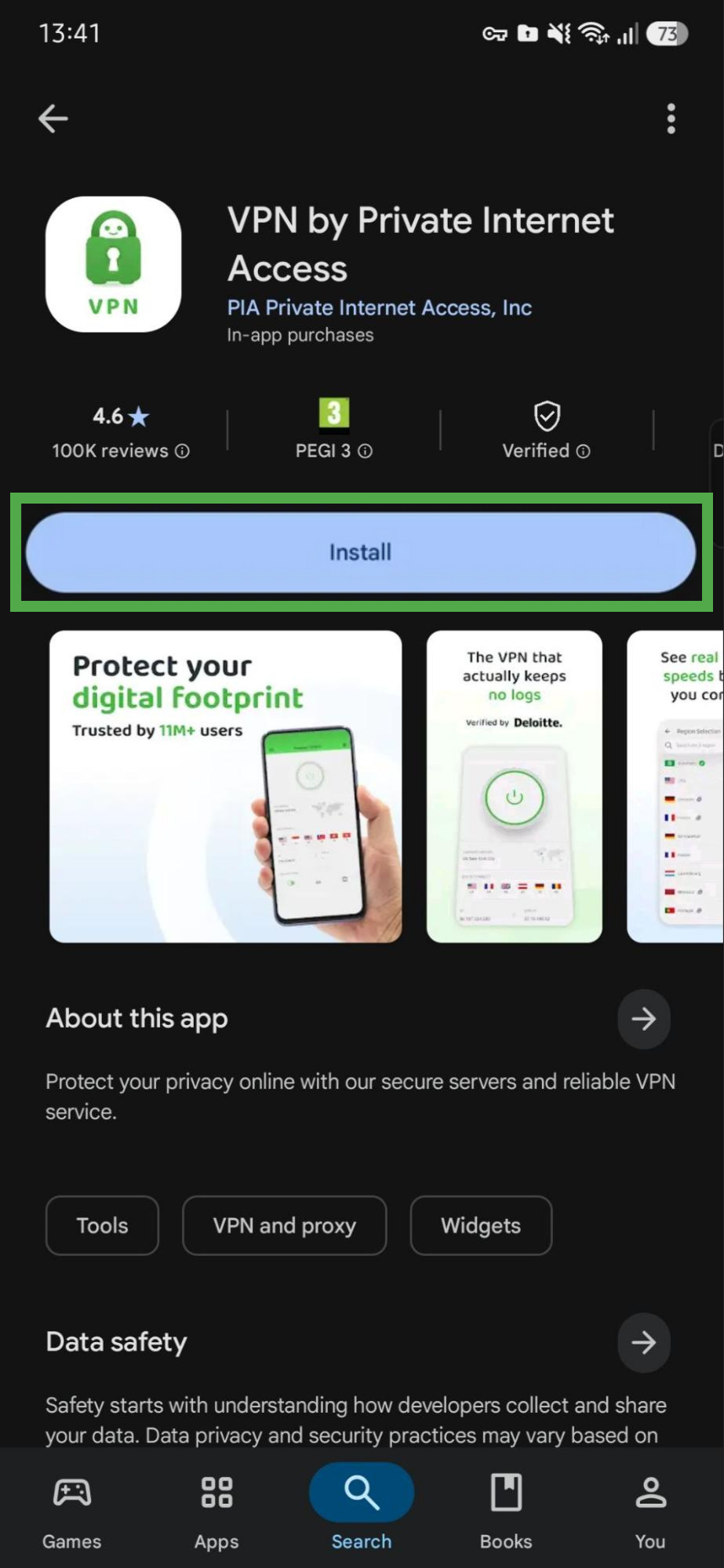 The PIA VPN app in the Google Play store, with a highlighted "Install" button.