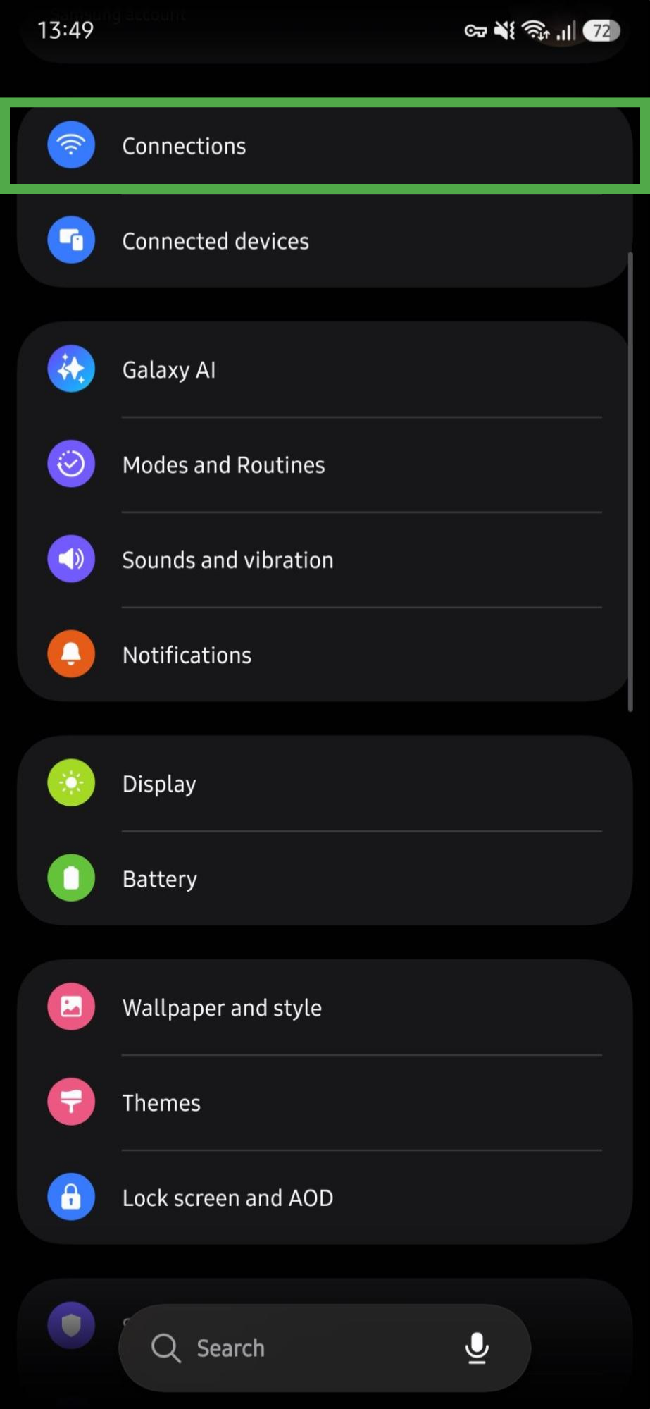 Android settings showing the "Connections" option highlighted.
