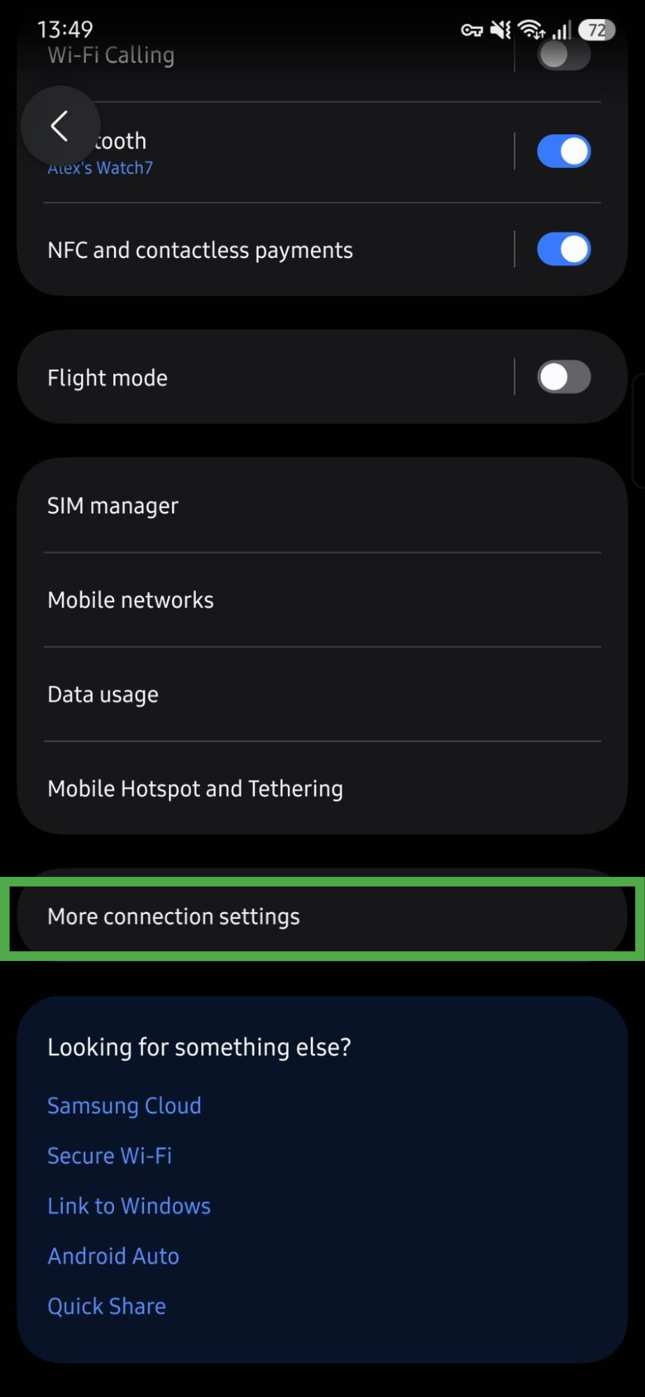 Android connection settings showing the "More connection settings" option highlighted.