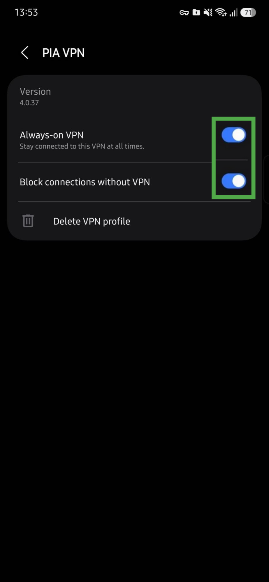 PIA VPN settings on Android showing the "Always-on VPN" and "Block connections without VPN" options highlighted.