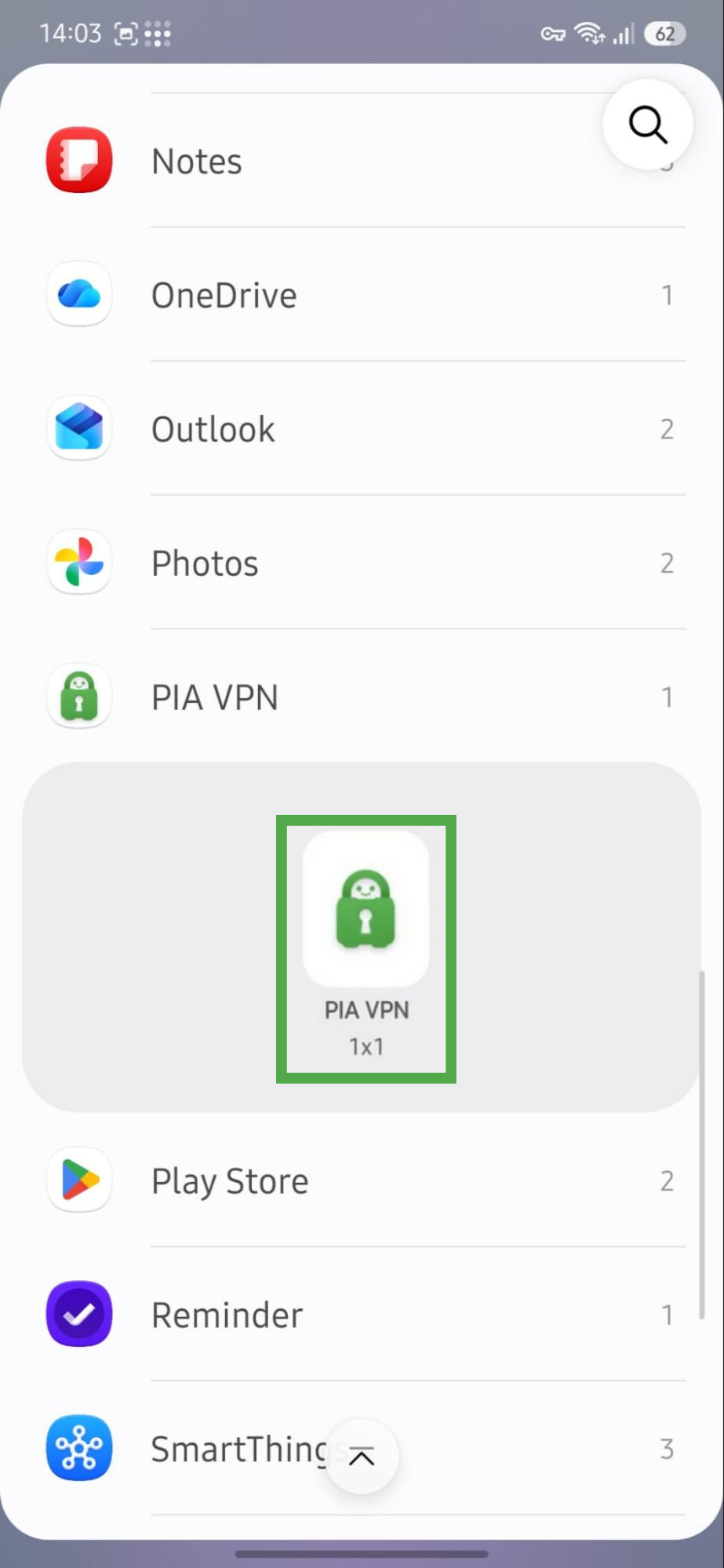 PIA VPN widget highlighted in the Android settings.