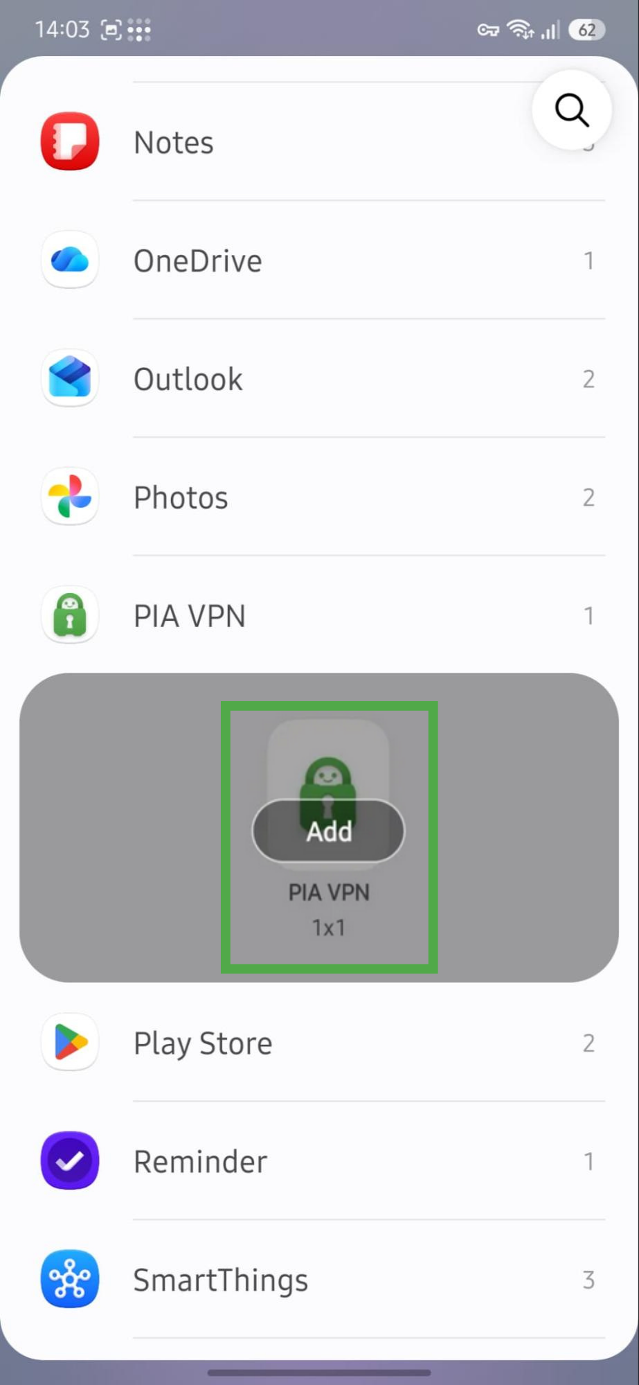Android settings showing the PIA VPN widget highlighted.