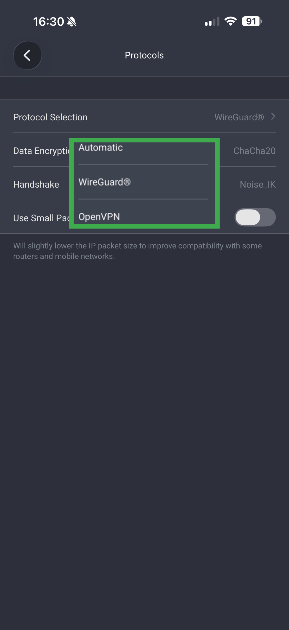PIA VPN iOS app Protocols screen showing Automatic, WireGuard, and OpenVPN protocol options.