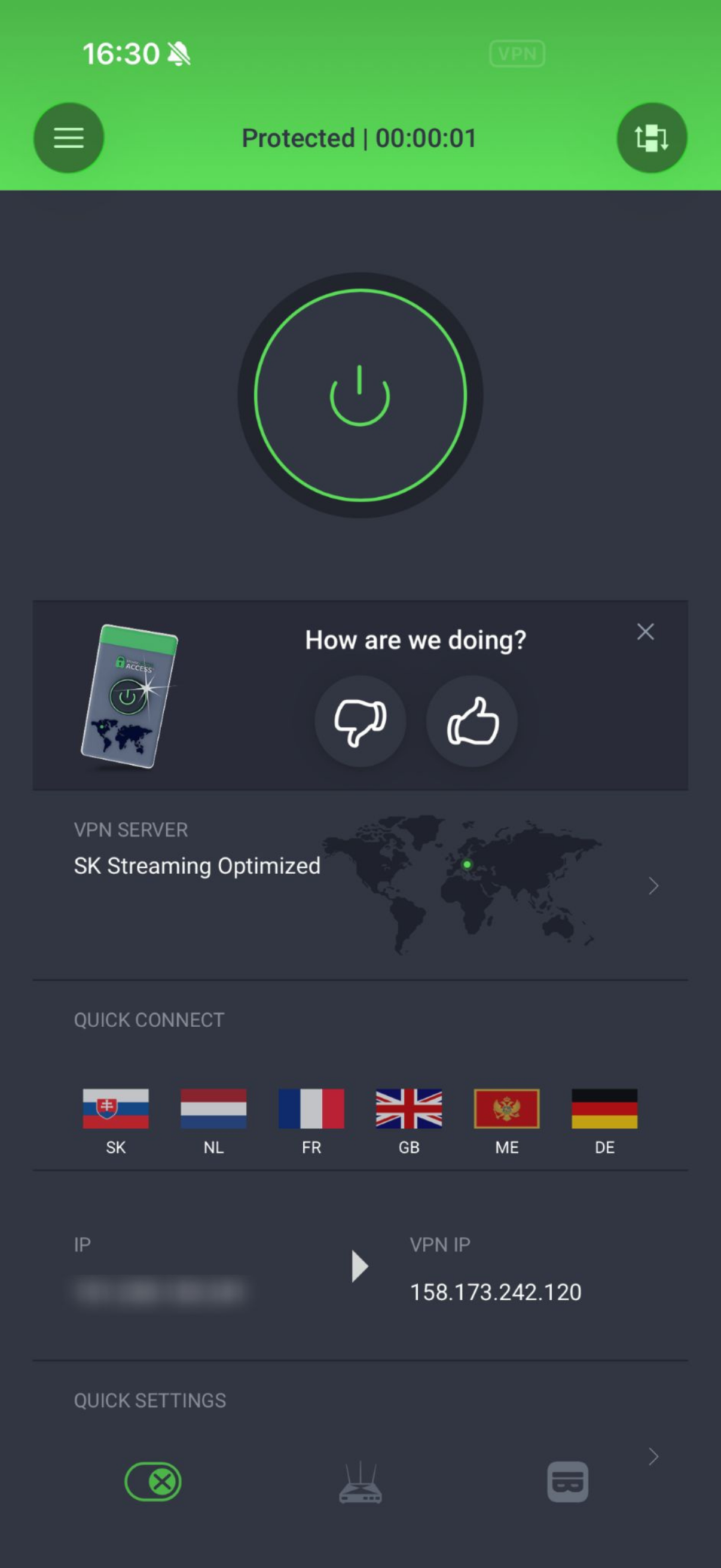 PIA VPN iOS app connected to the SK Streaming Optimized VPN server.