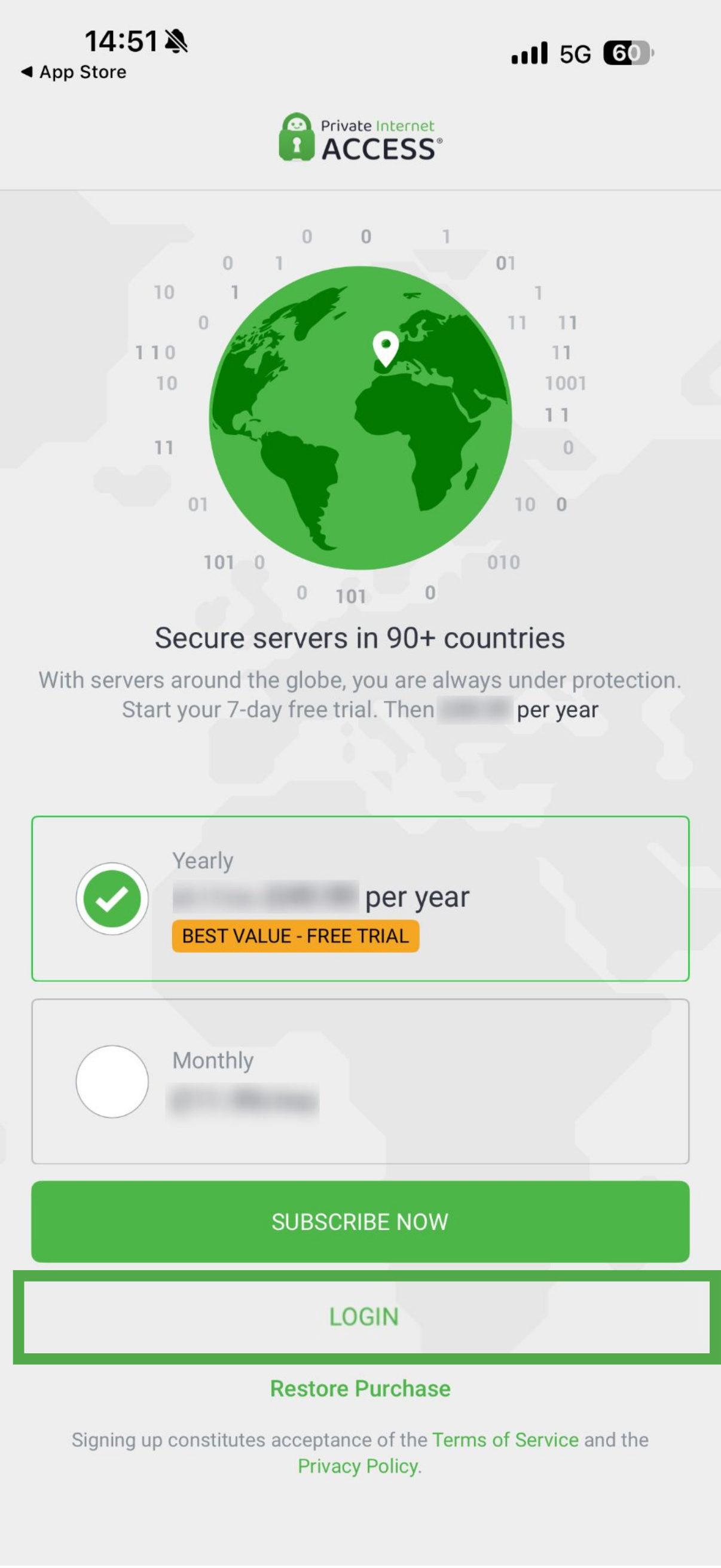 PIA VPN iOS app showing login page.
