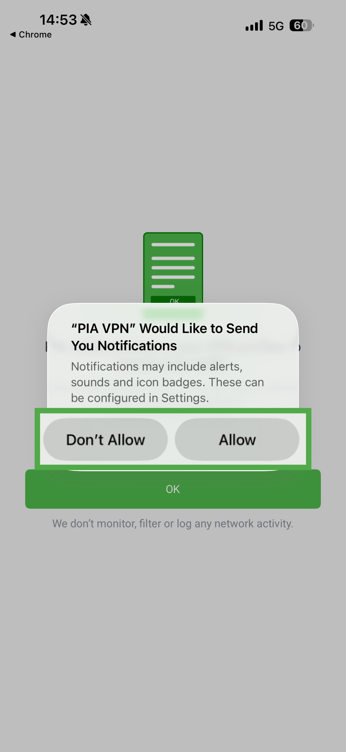 PIA VPN iOS app showing notification pop-up.