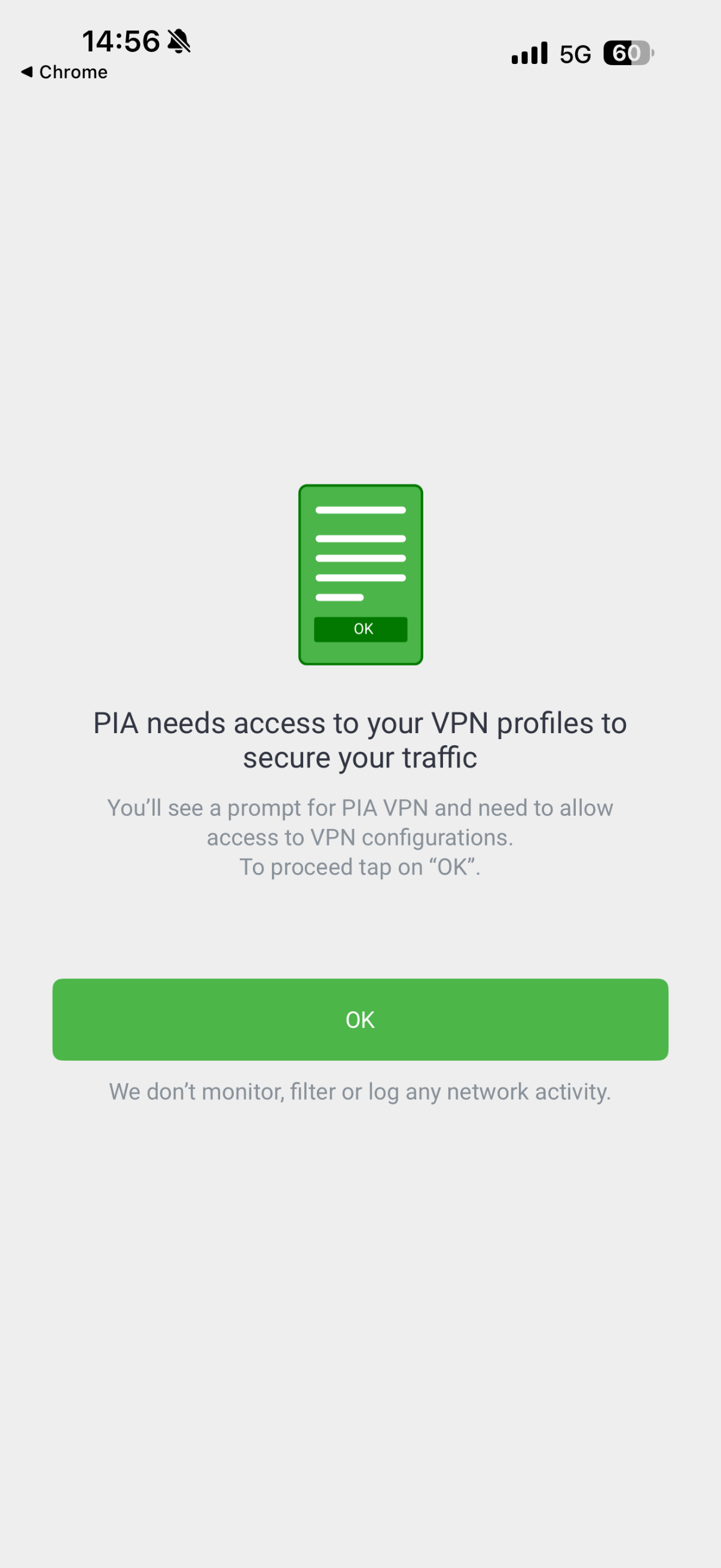 iOS PIA VPN app configuration screen.