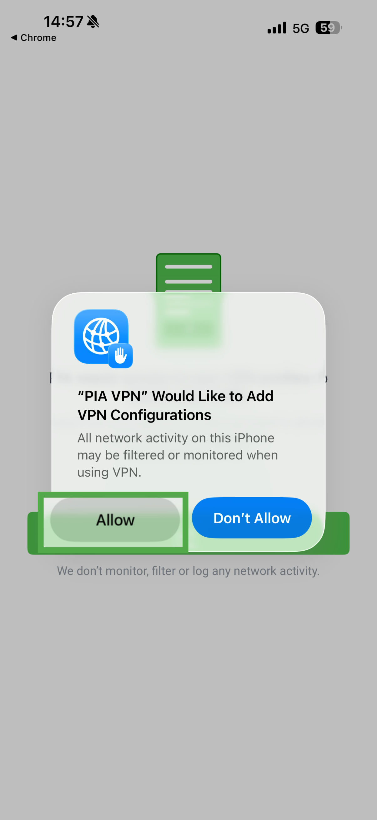 PIA VPN iOS app showing configurations pop-up.