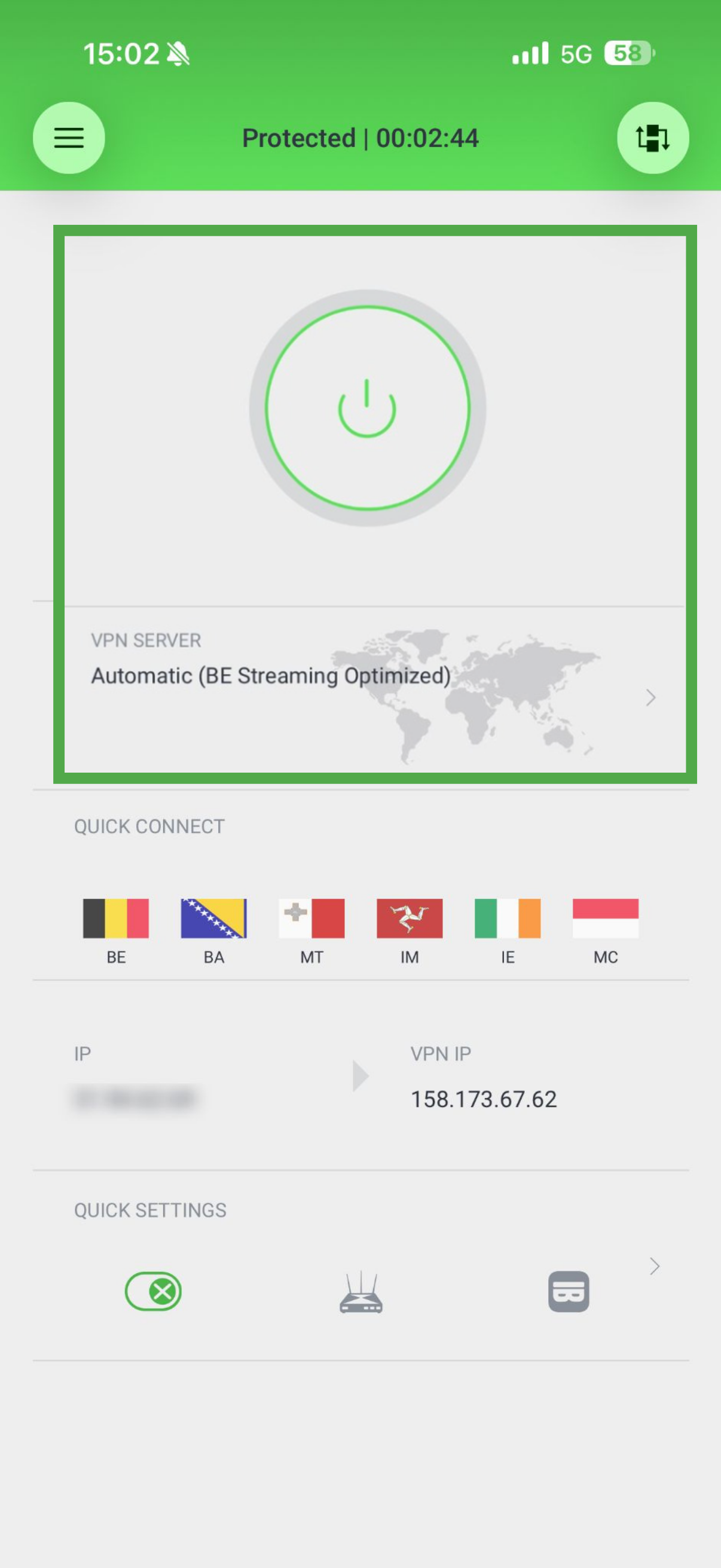 PIA VPN iOS app showing server connected and green power button highlighted.