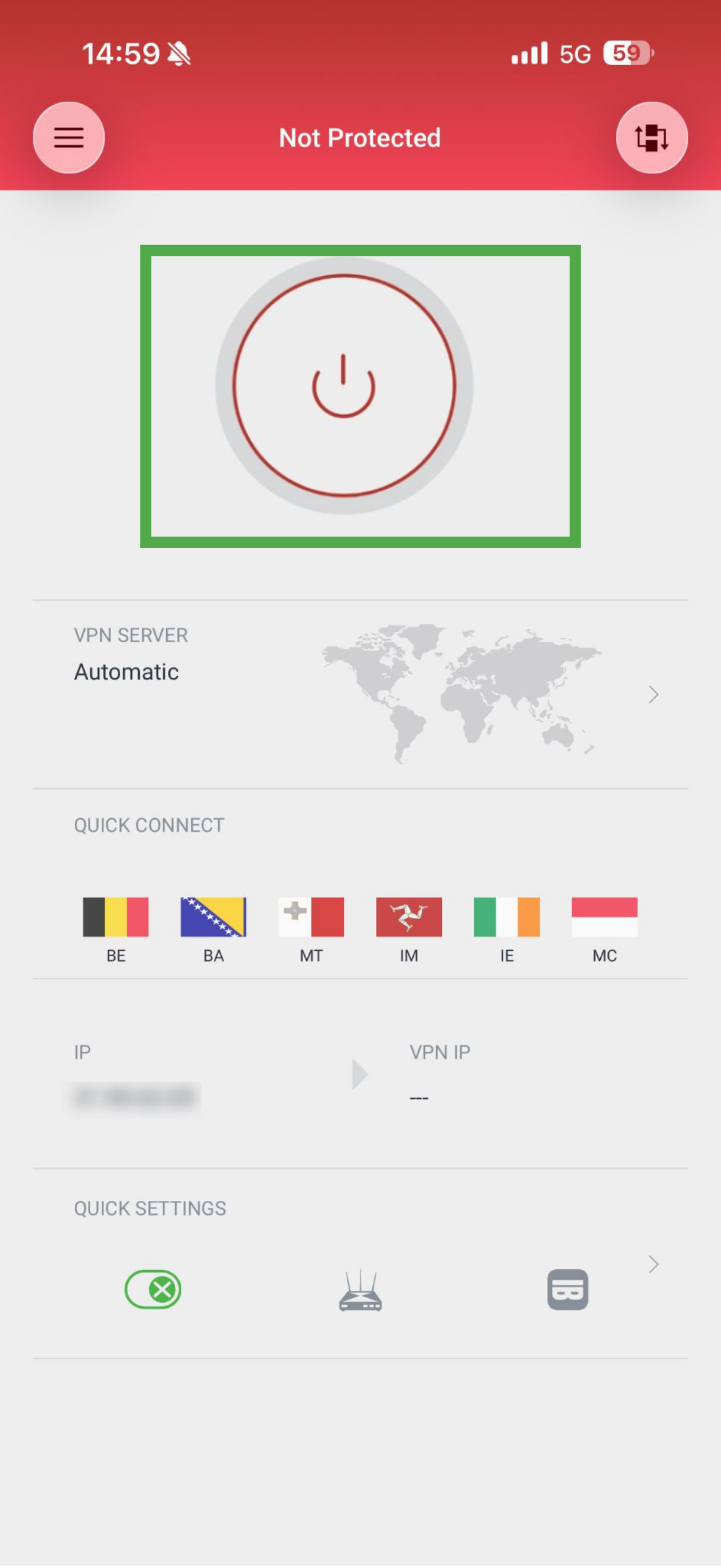 PIA VPN iOS app showing server not connected and red power button highlighted.