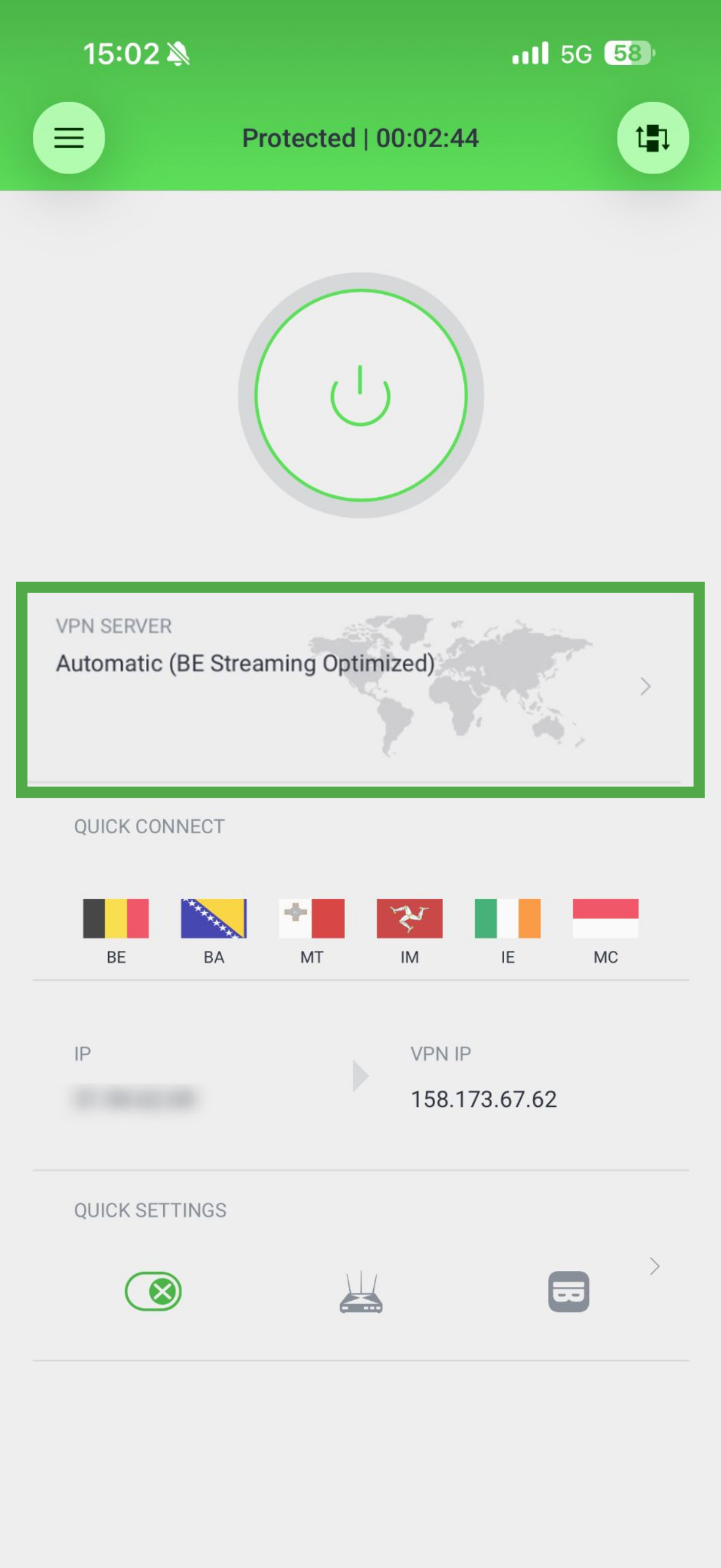 PIA VPN iOS app showing server connected and tap a server option highlighted.