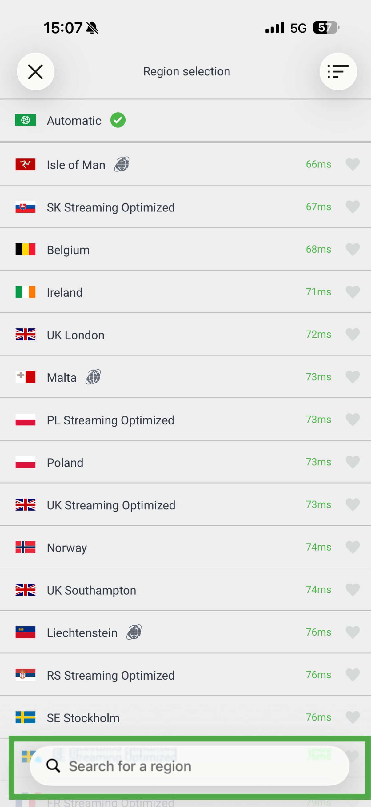 PIA VPN iOS app showing search for server bar highlighted.