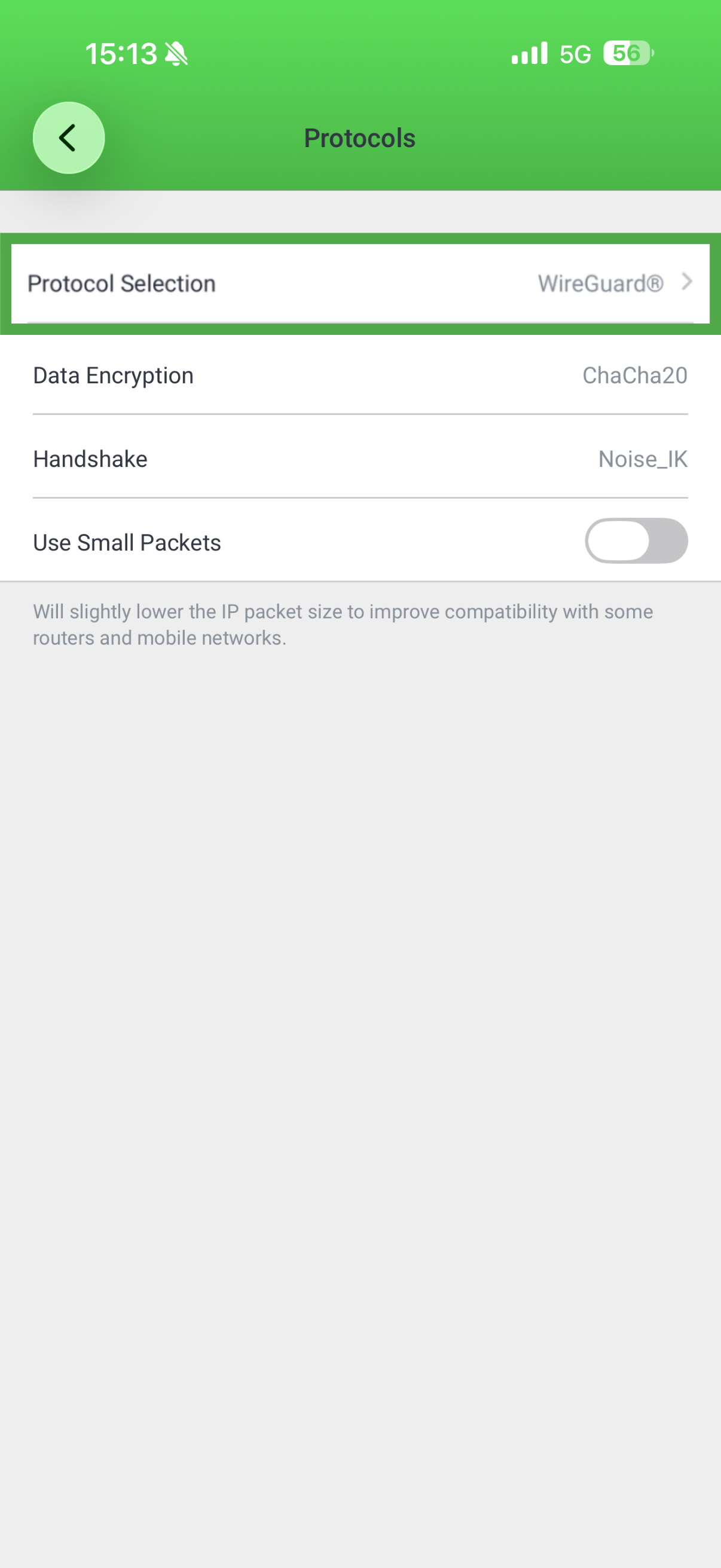 PIA VPN iOS app showing protocol selection menu highlighted.