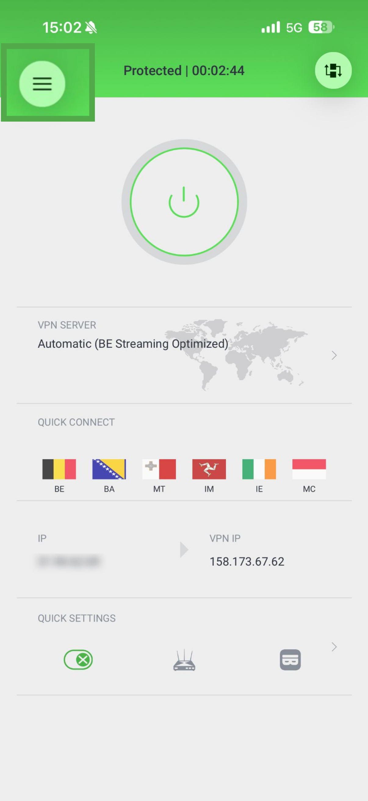 PIA VPN iOS app showing burger menu highlighted.