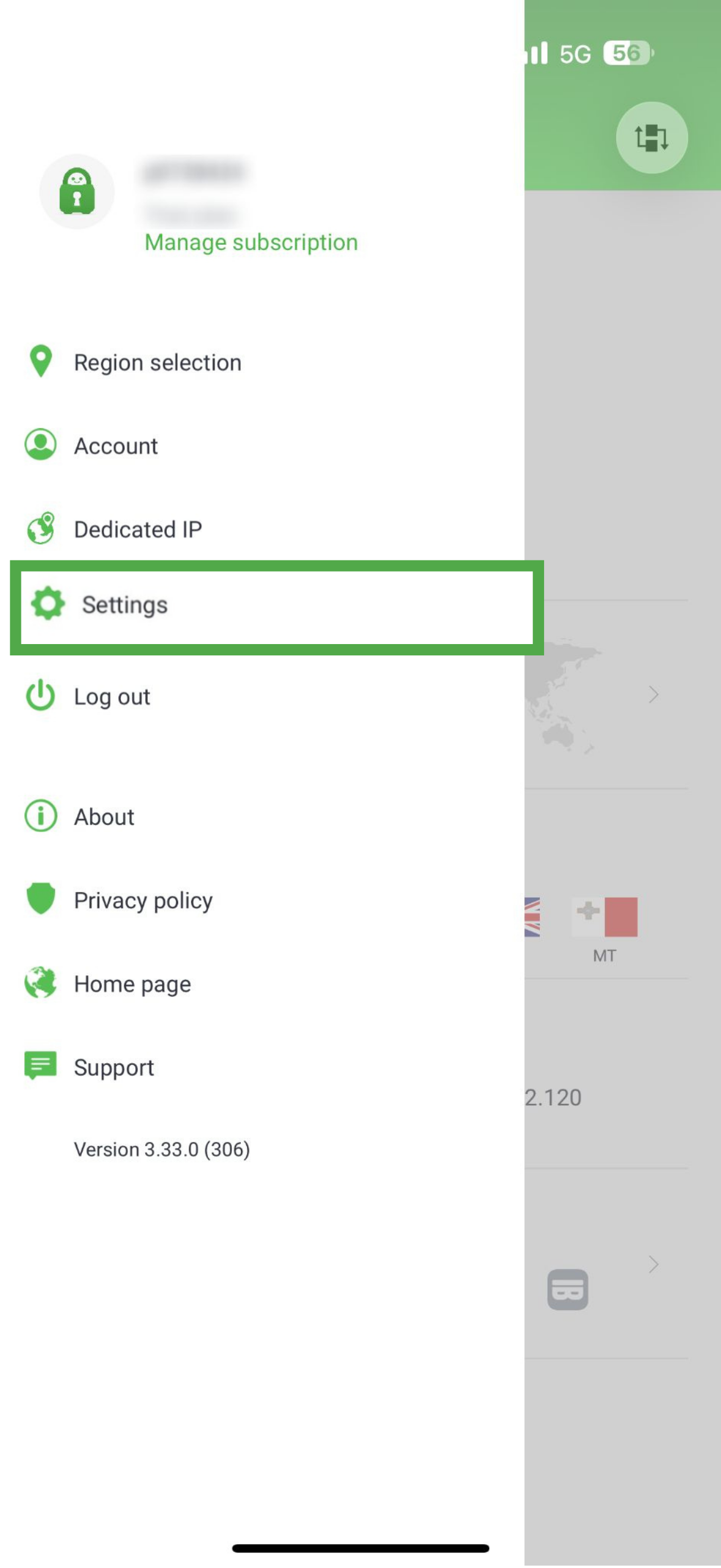 PIA VPN iOS app showing settings menu highlighted.