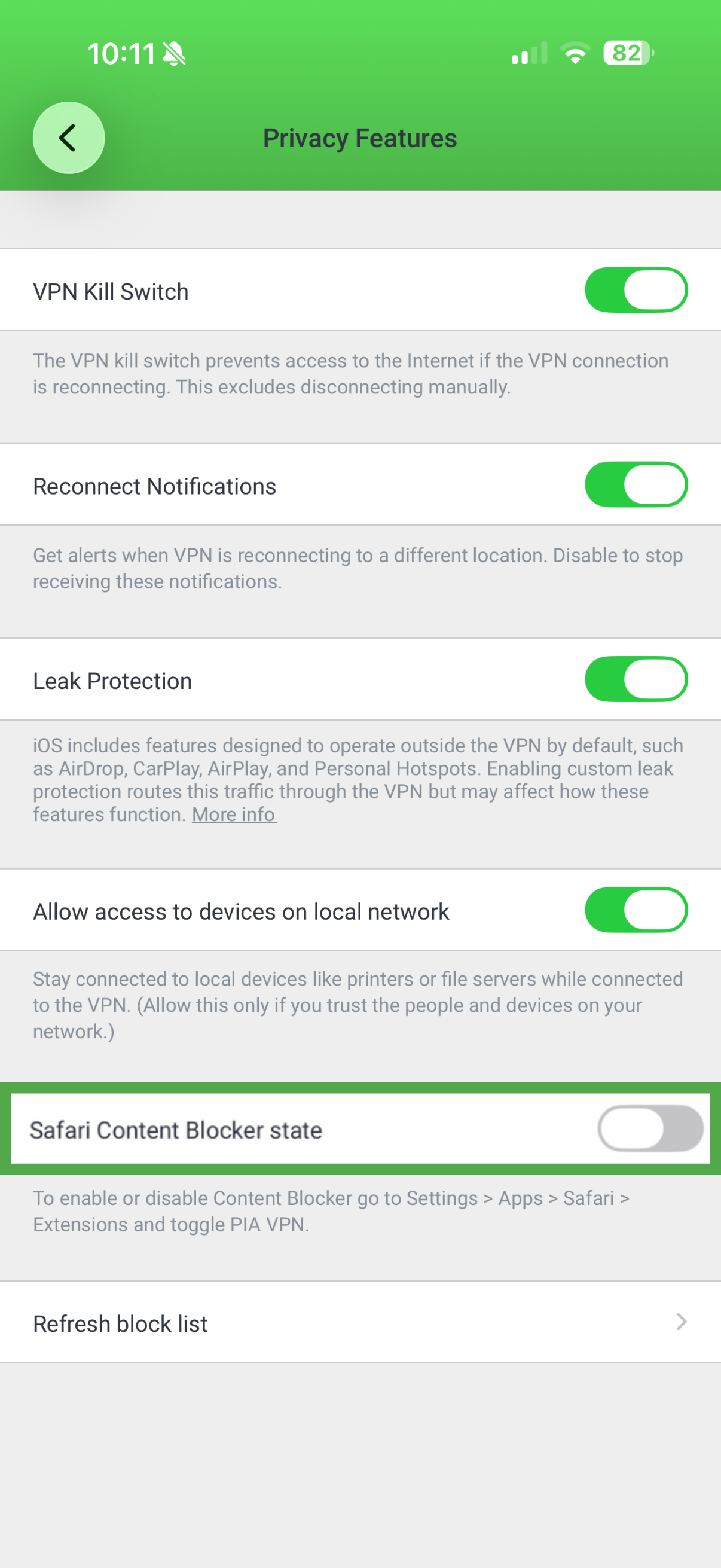 The Privacy Features menu in the PIA app for iOS, with a highlighted "Safari Content Blocker state" option.