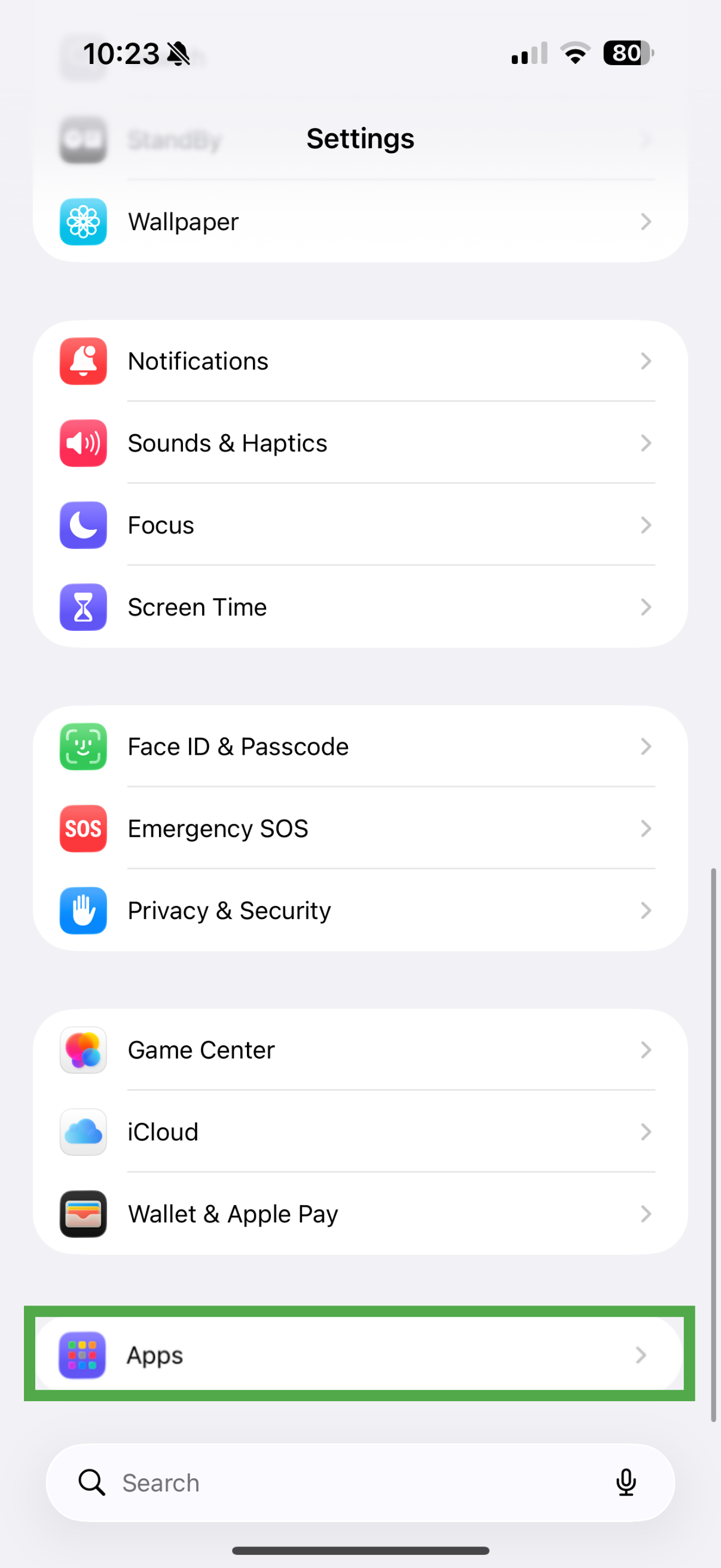 iOS settings showing Apps highlighted.