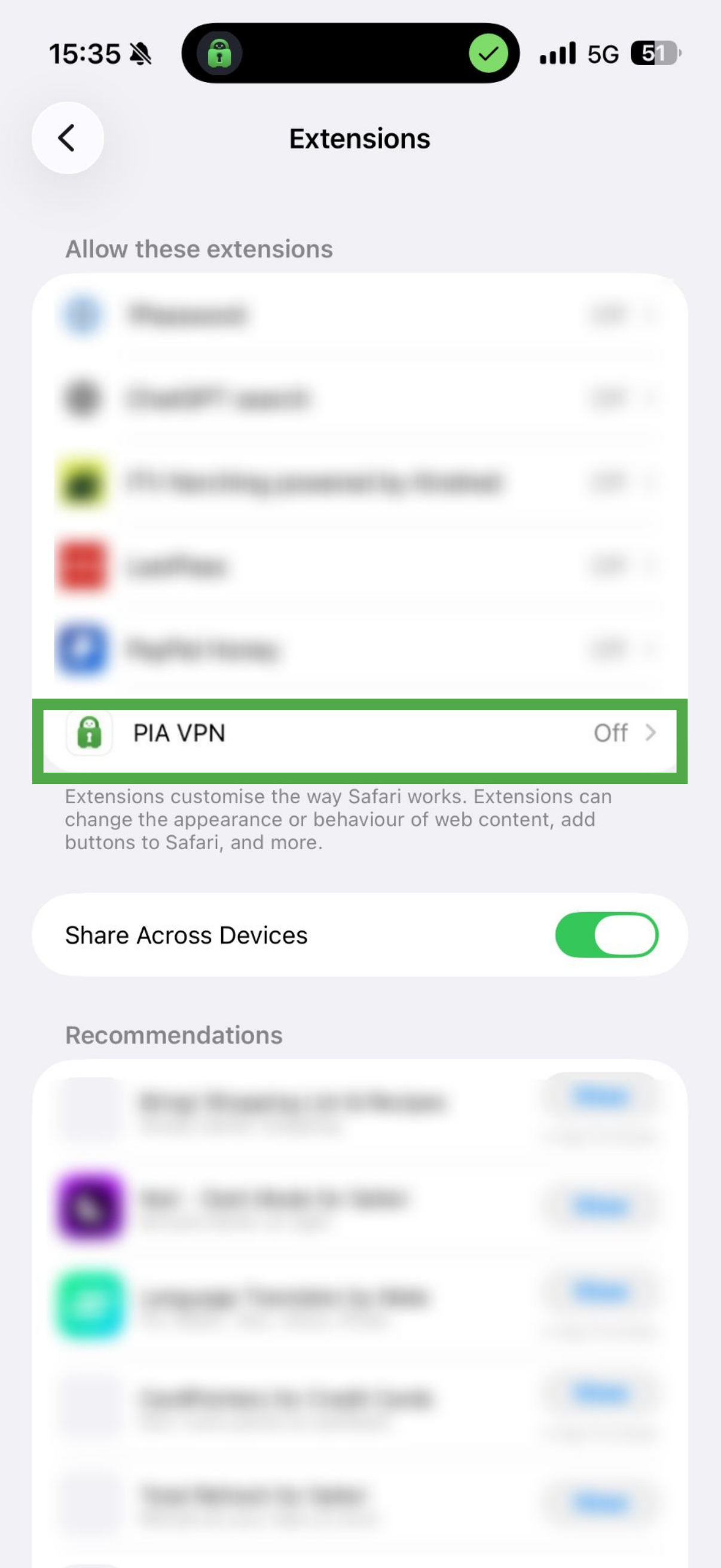 iOS extensions settings showing PIA VPN highlighted.