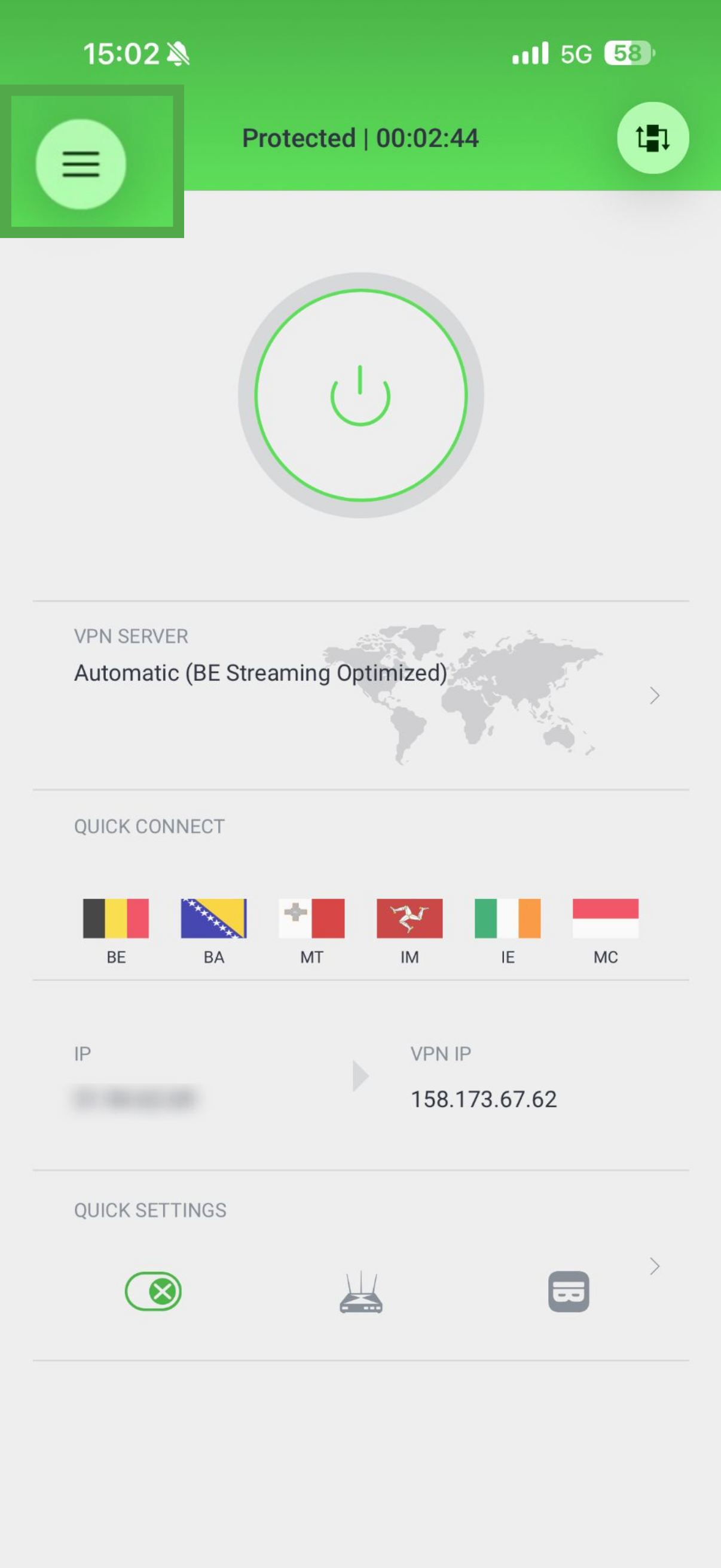 PIA VPN iOS app with the burger menu highlighted in a green box.