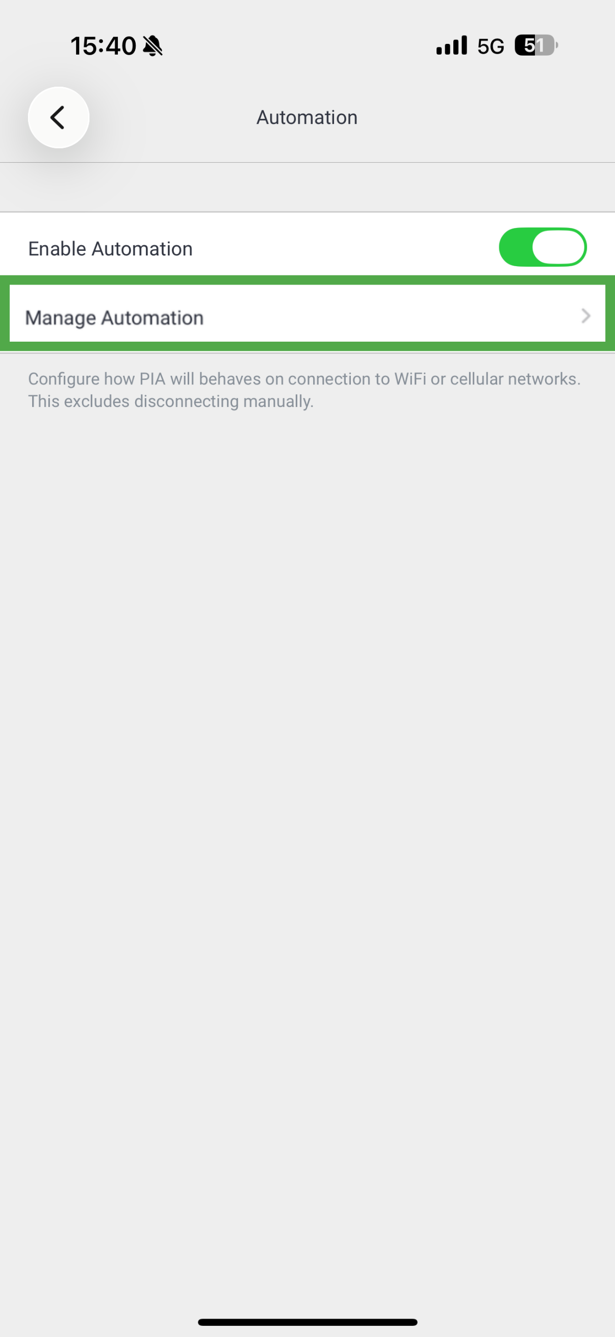 PIA VPN iOS app showing manage automation option highlighted.