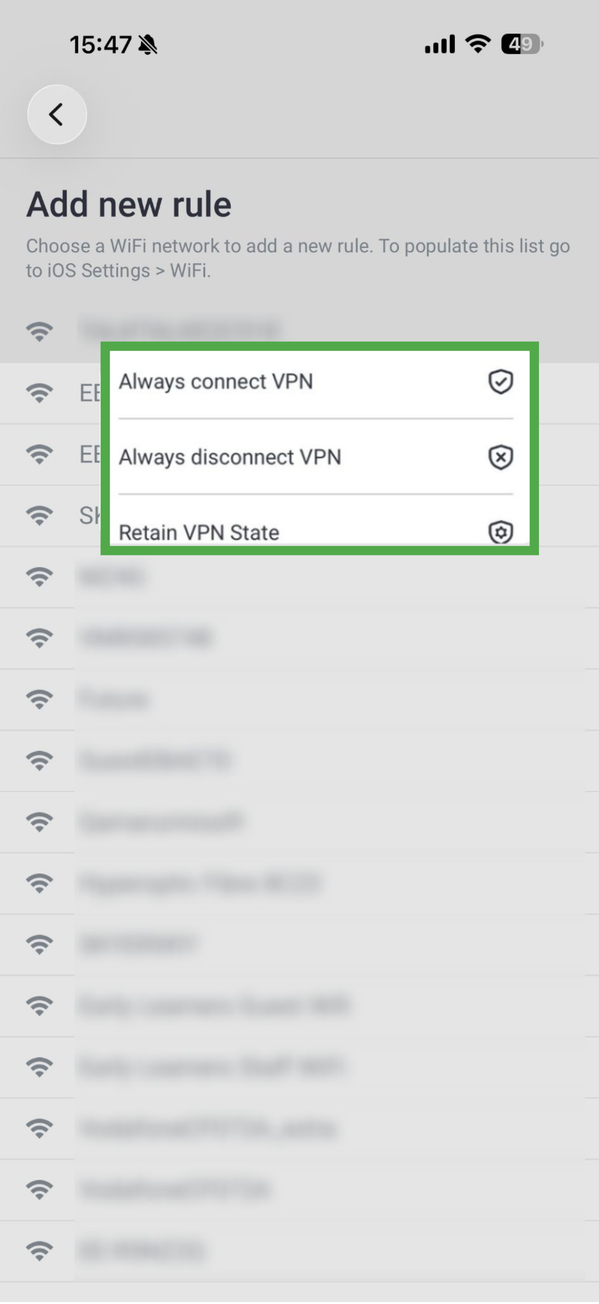 PIA VPN iOS app showing automation rule options.