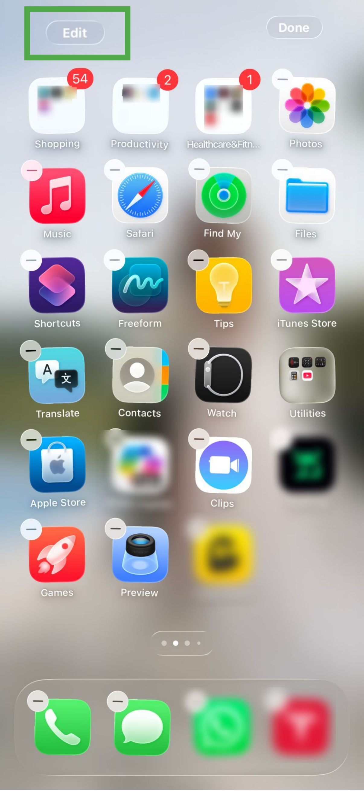 iOS edit home screen showing edit button highlighted.