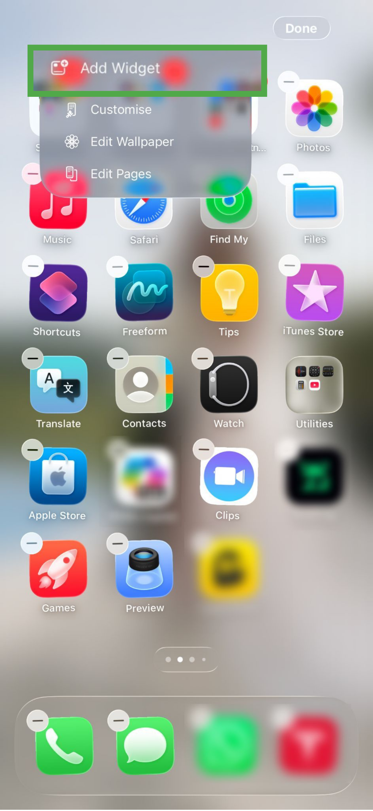 iOS home screen showing add widget option highlighted.
