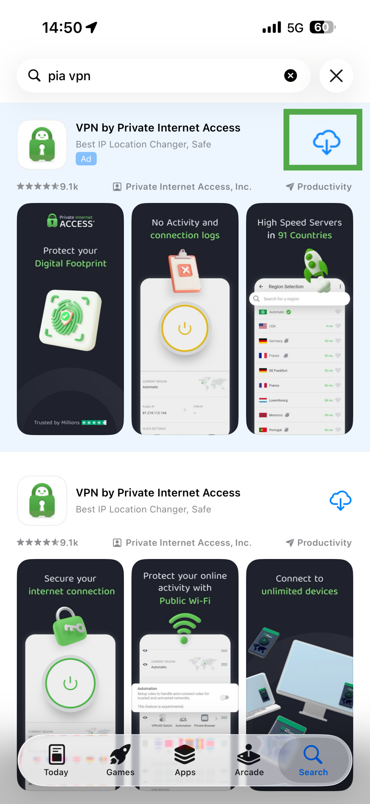 Apple App store showing PIA VPN download button highlighted.