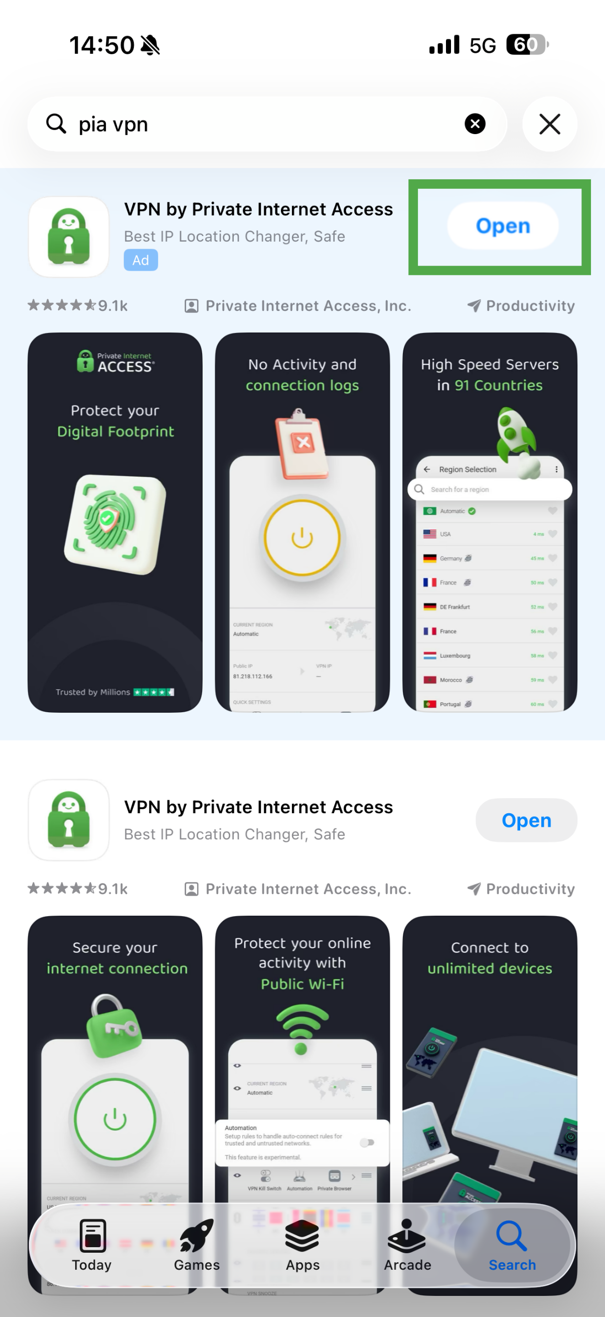 Apple App store showing PIA VPN and open button highlighted.